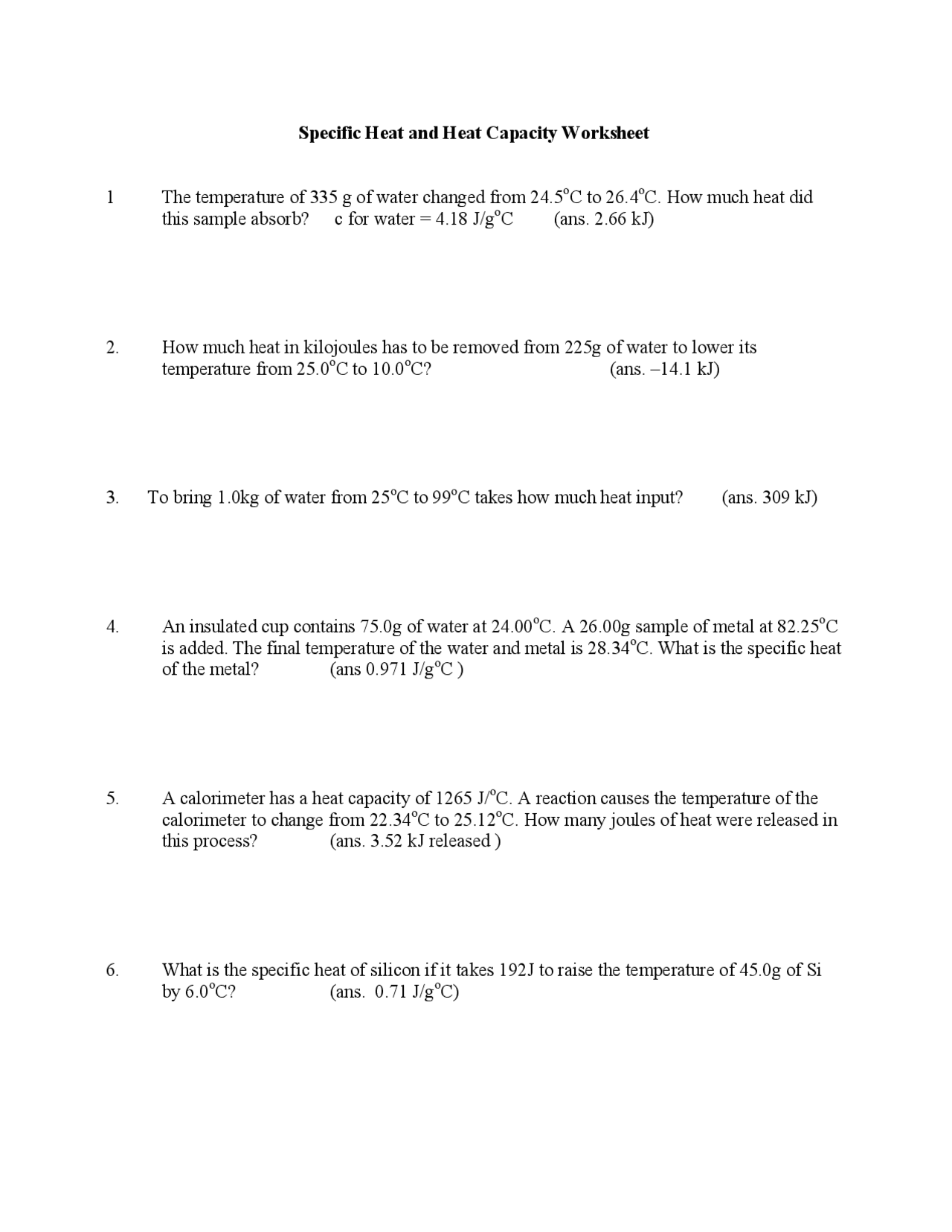Specific Heat and Heat Capacity Worksheet | Lecture notes Heat and Mass ...