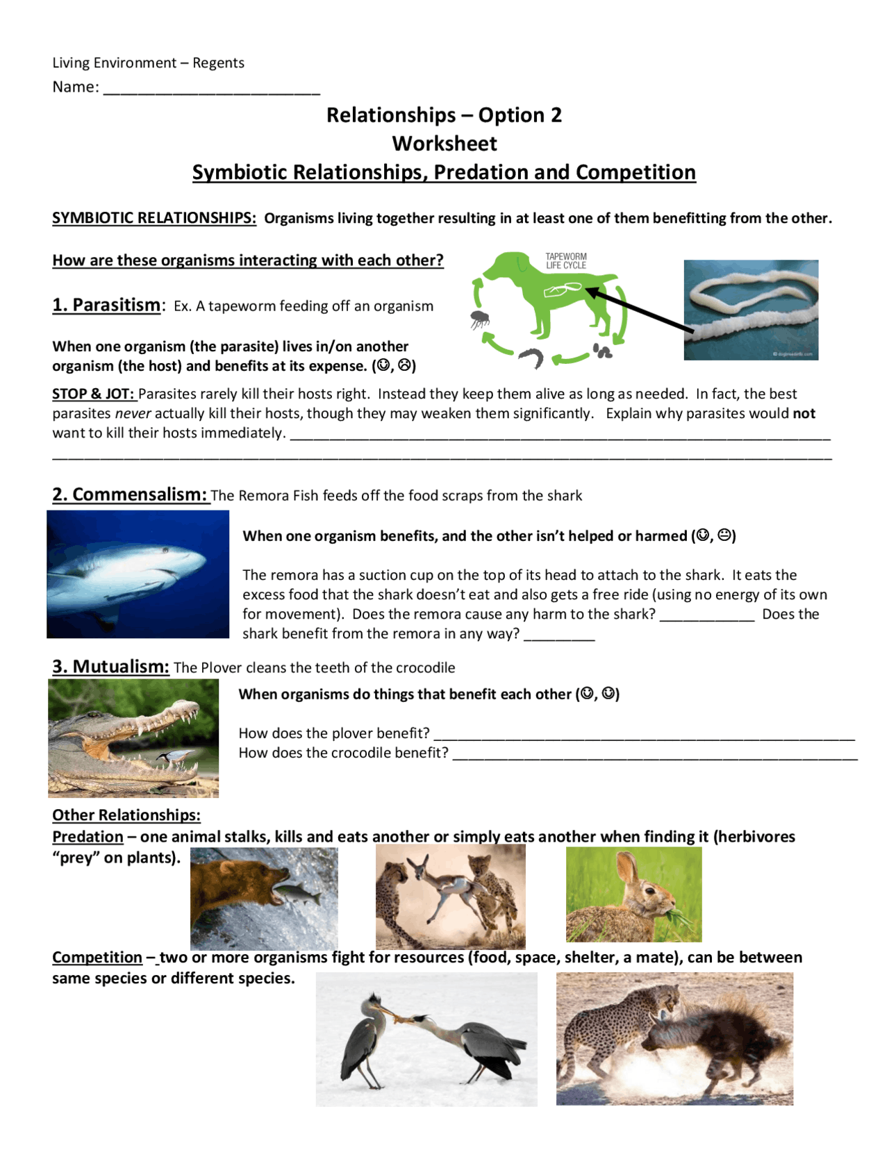 Symbiotic Relationships, Predation and Competition | Study notes