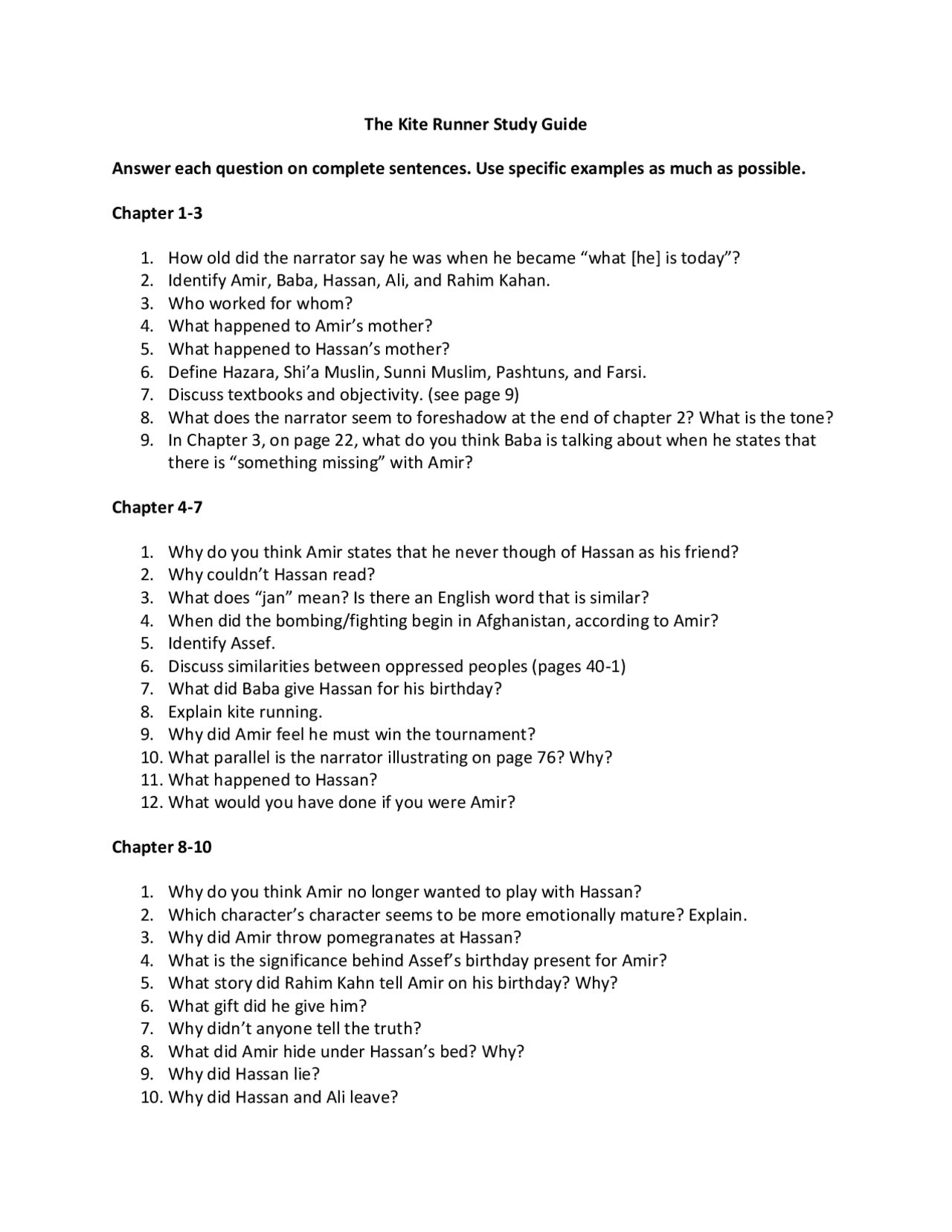 The Kite Runner Study Guide Answer each question on Lecture notes
