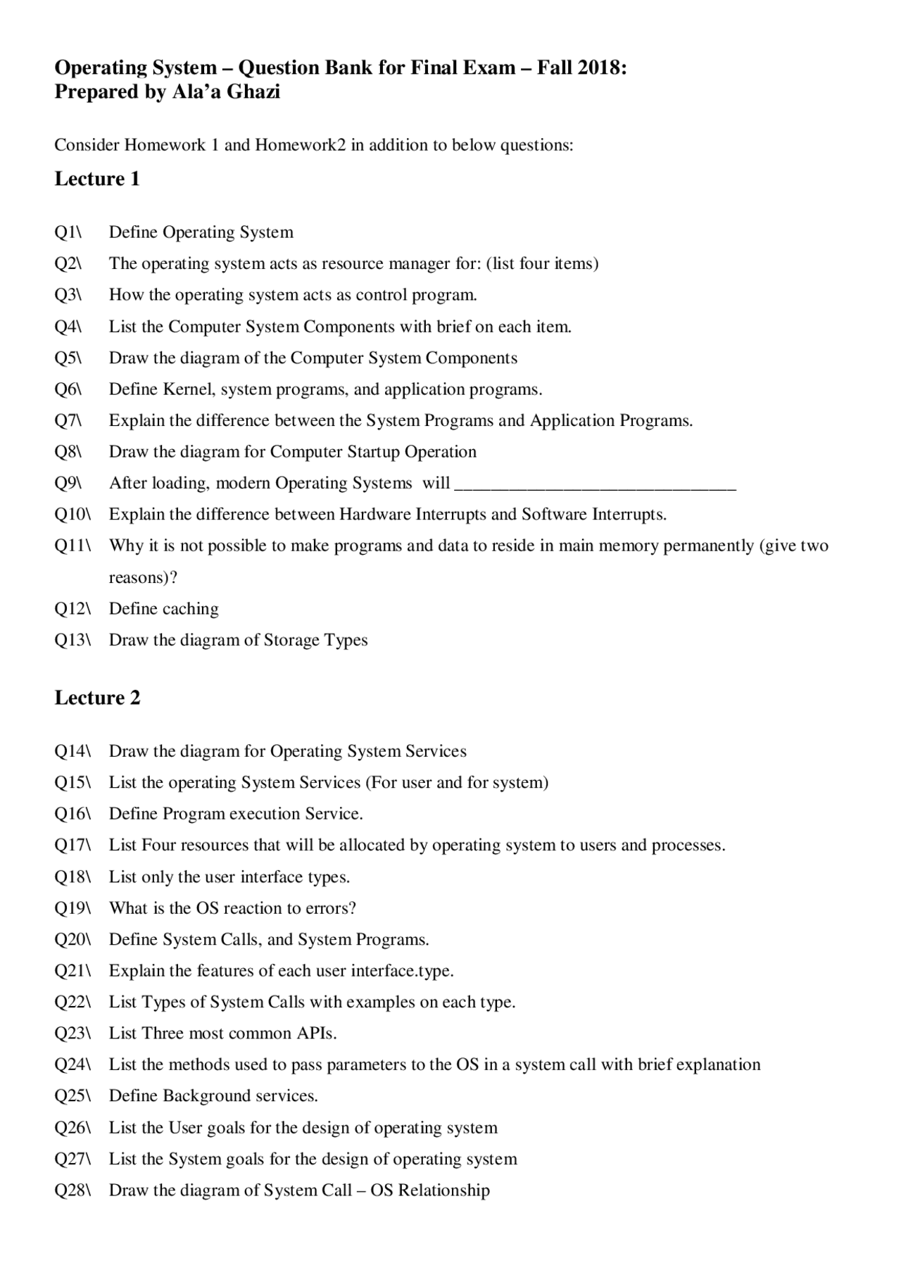 Operating System – Question Bank for Final Exam – Fall 2018 | Study ...