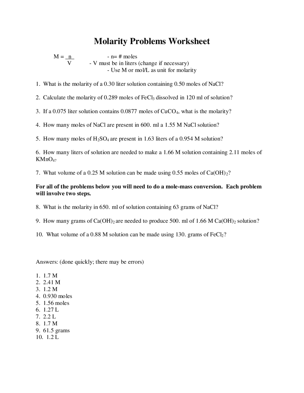 Molarity Problems Worksheet | Slides Chemistry | Docsity