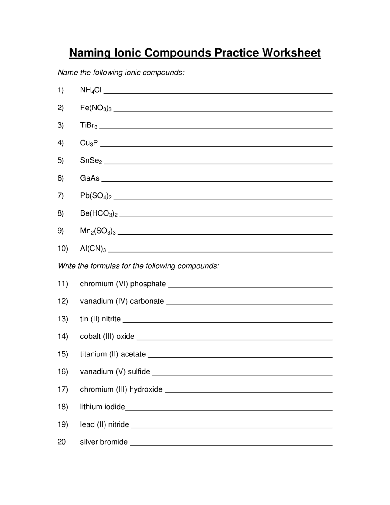 Naming Ionic Compounds Practice Worksheet Study notes Chemistry Docsity