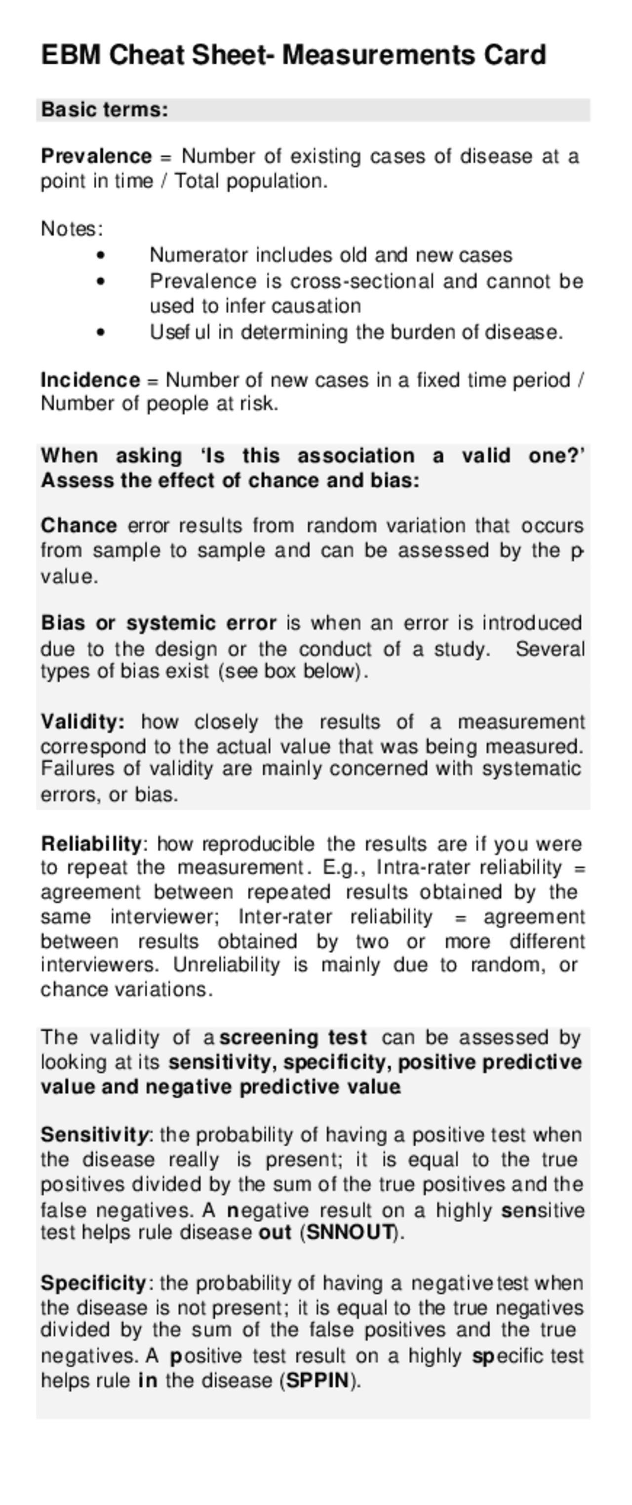 EBM Cheat Sheet- Measurements Card | Lecture notes Epidemiology | Docsity