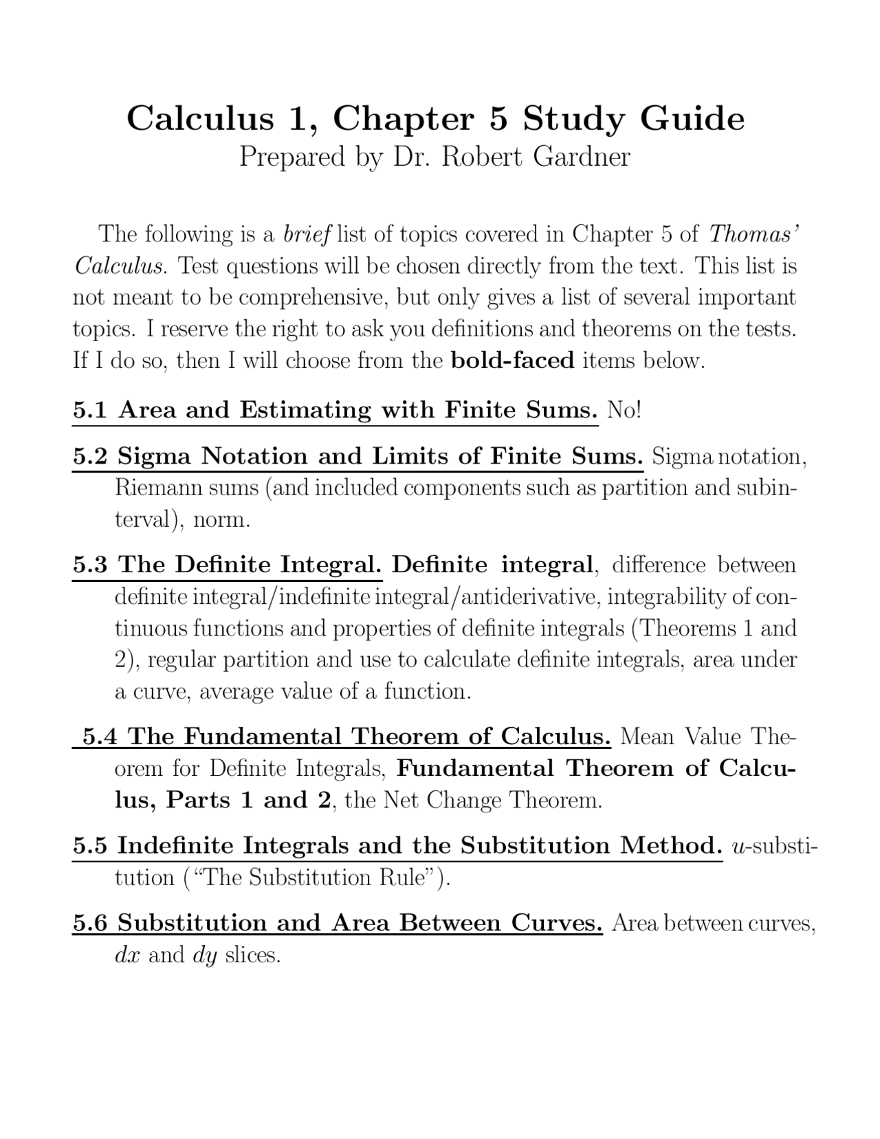 Calculus 1, Chapter 5 Study Guide | Study notes Calculus | Docsity