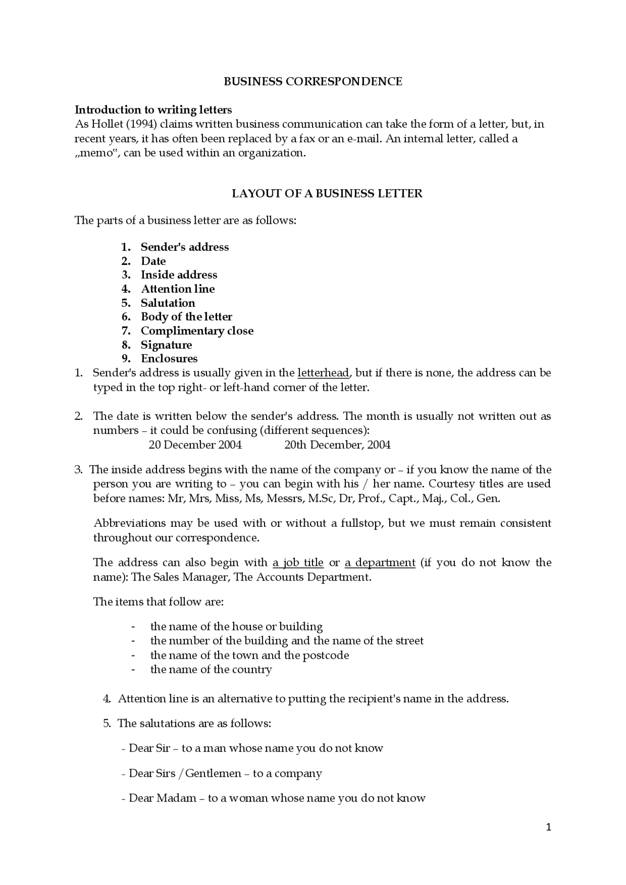 Business correspondence.pdf | Study notes Business | Docsity