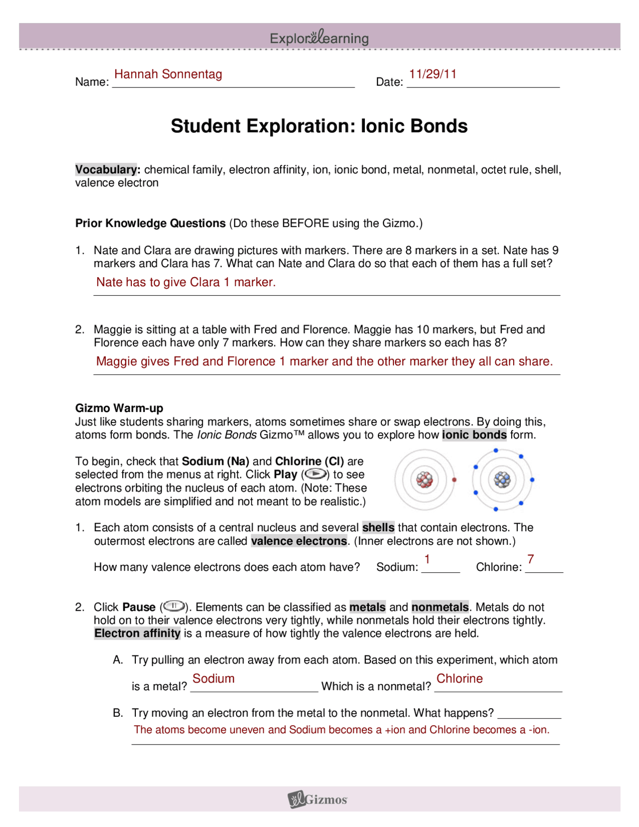 Student Exploration: Ionic Bonds | Study notes Chemistry | Docsity