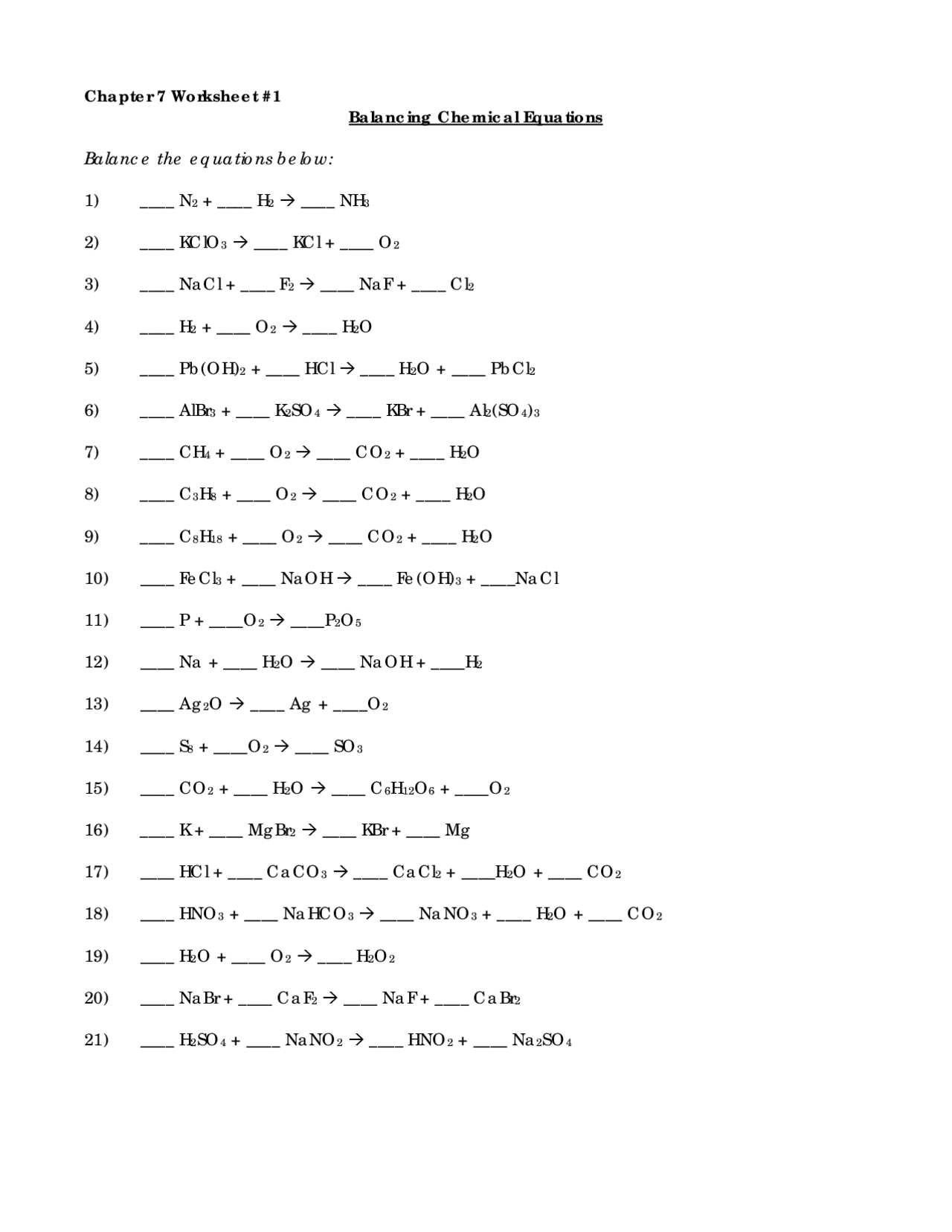 Chapter 7 Worksheet 1 Balancing Chemical Equations Lecture notes