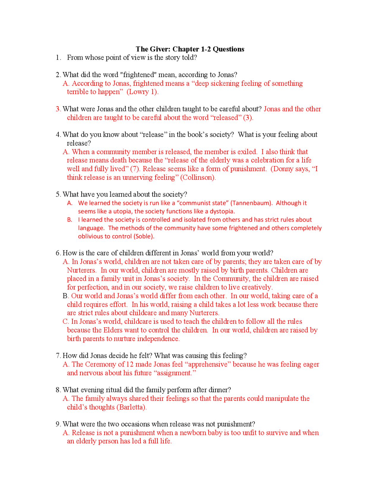 The Giver (Chapter 12 Answers) Lecture notes English Literature