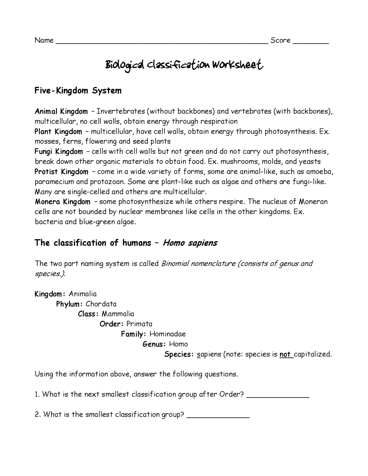 Biological Classification Worksheet | Lecture notes Biological Systems