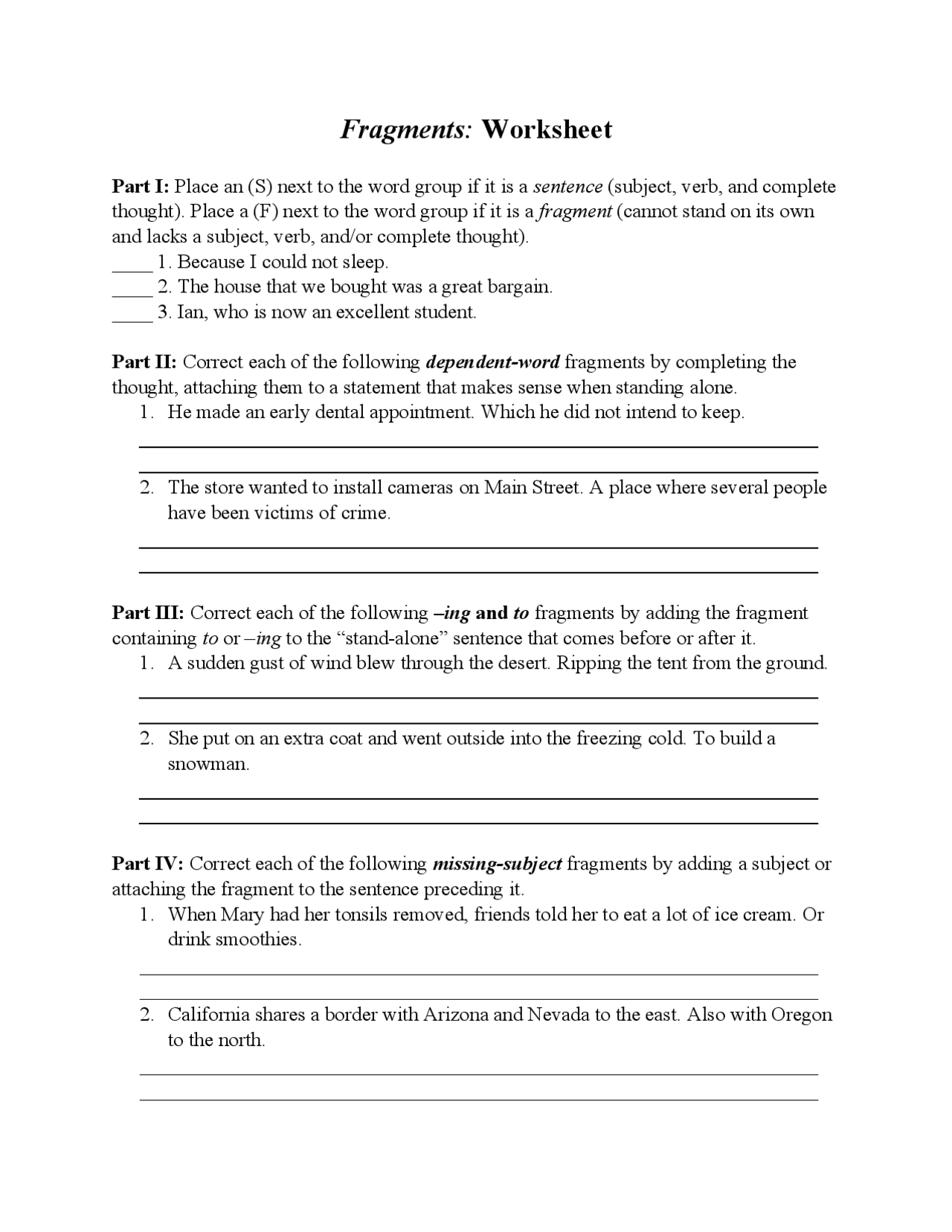 Fragments Worksheet.pdf Fragments: Worksheet | Summaries Grammar and Composition | Docsity