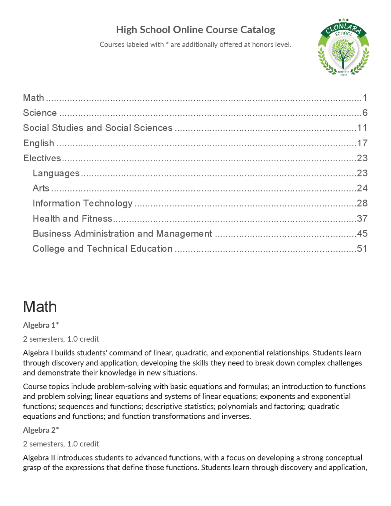 High School Online Course Catalog Lecture notes Algebra Docsity