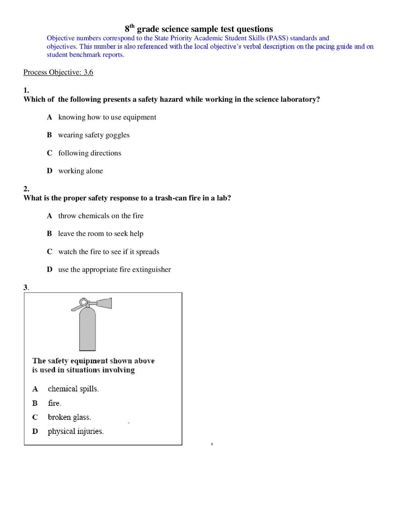 8th Grade Science Sample Test Questions Lecture Notes Science
