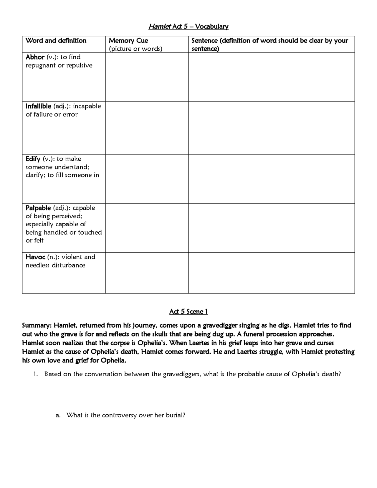 Hamlet Act 5 Vocabulary Word and definition Memory Cue Exercises English Literature