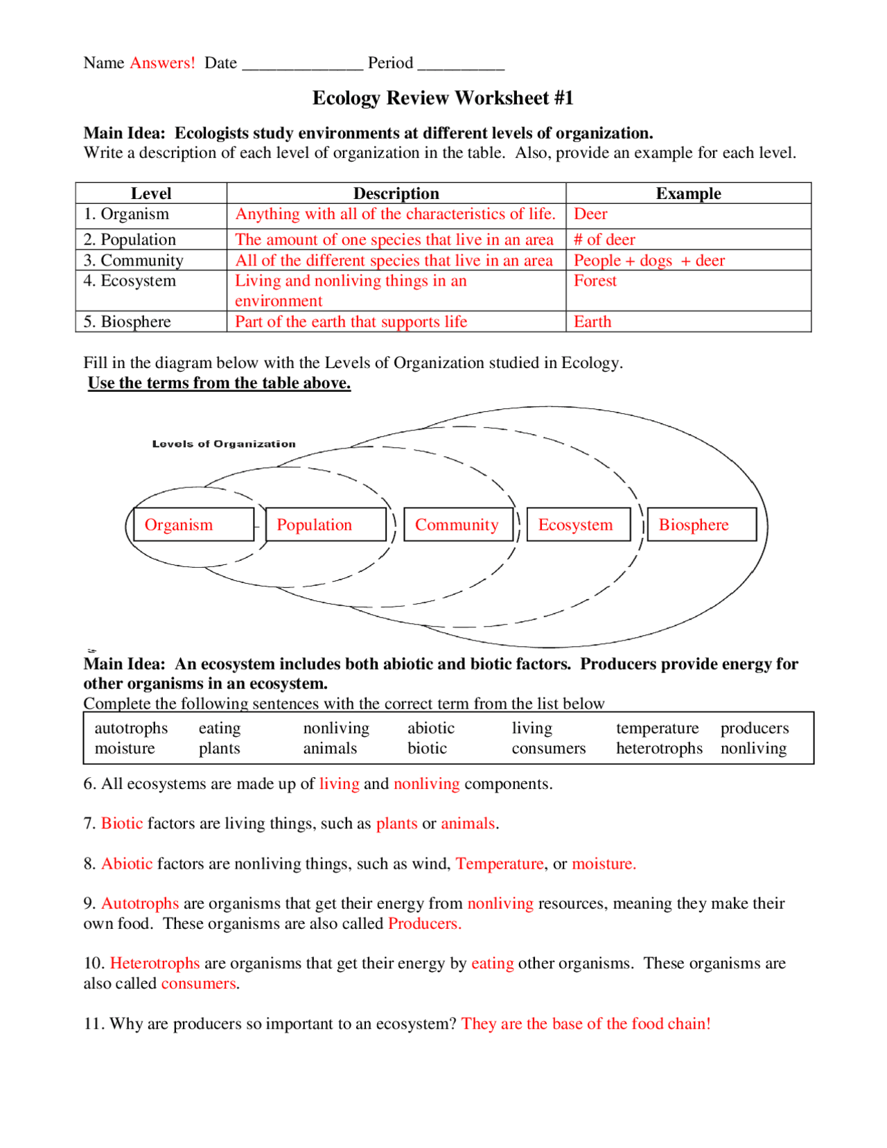 Ecology Review Worksheet #1 | Exams Social ecology | Docsity