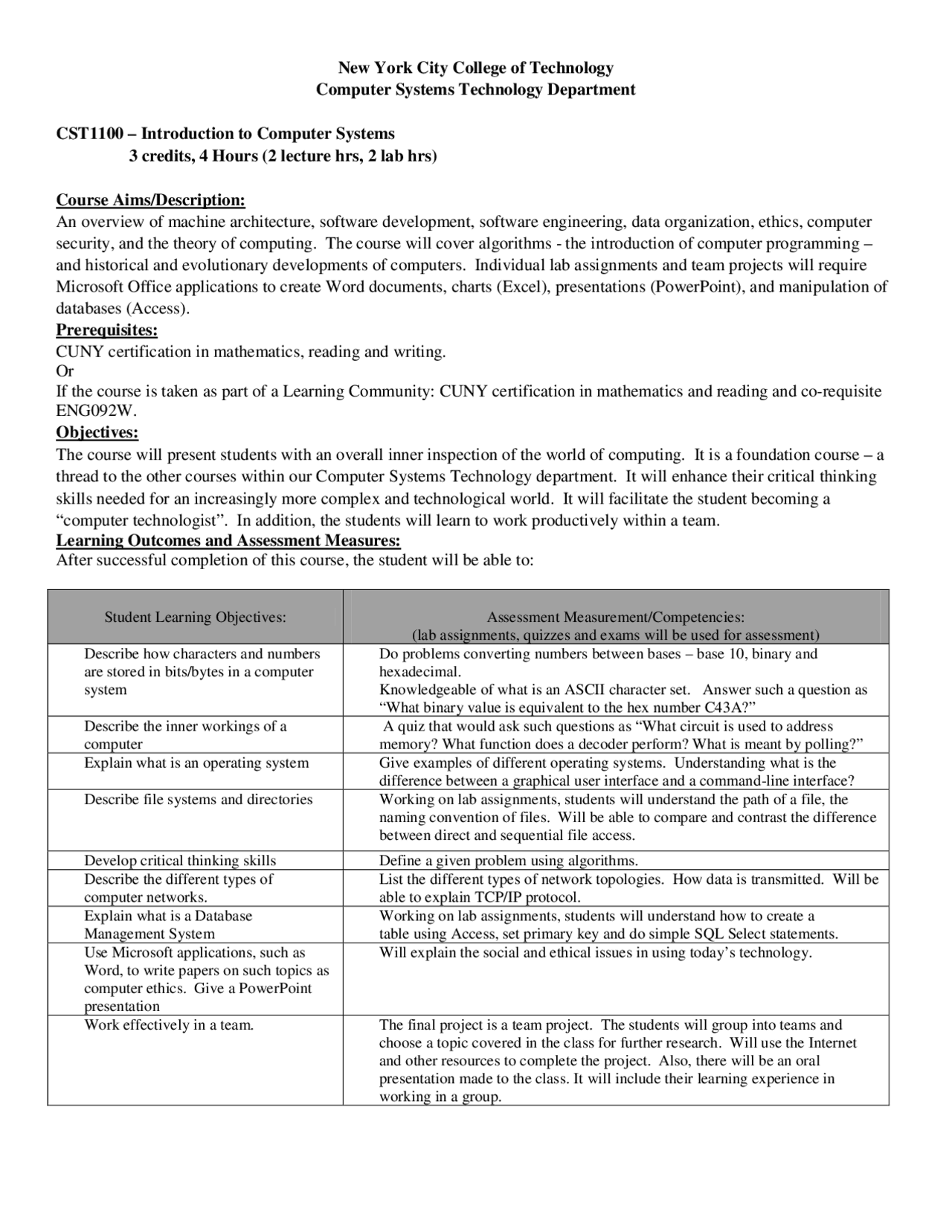 Introduction to Computer Systems 3 credit - City Tech | Lecture notes ...
