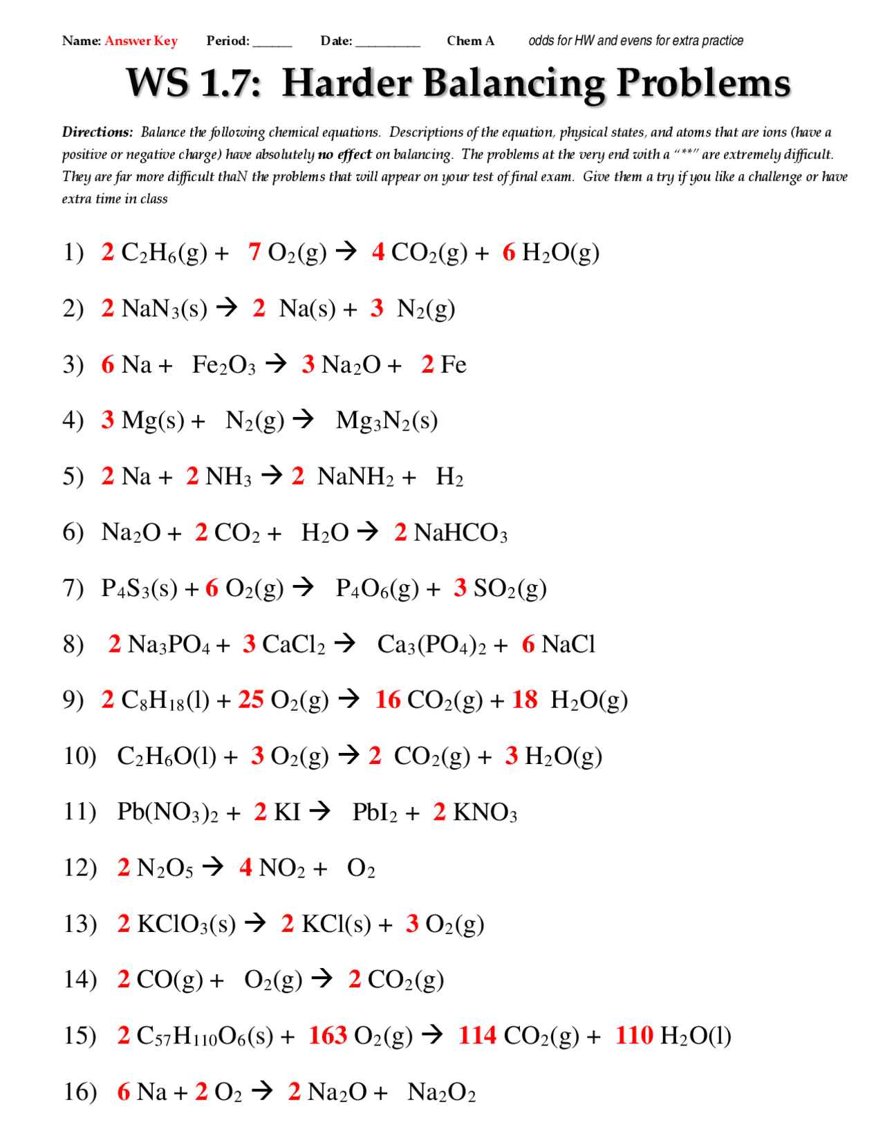 WS 1.7: Harder Balancing Problems | Study notes Chemistry | Docsity