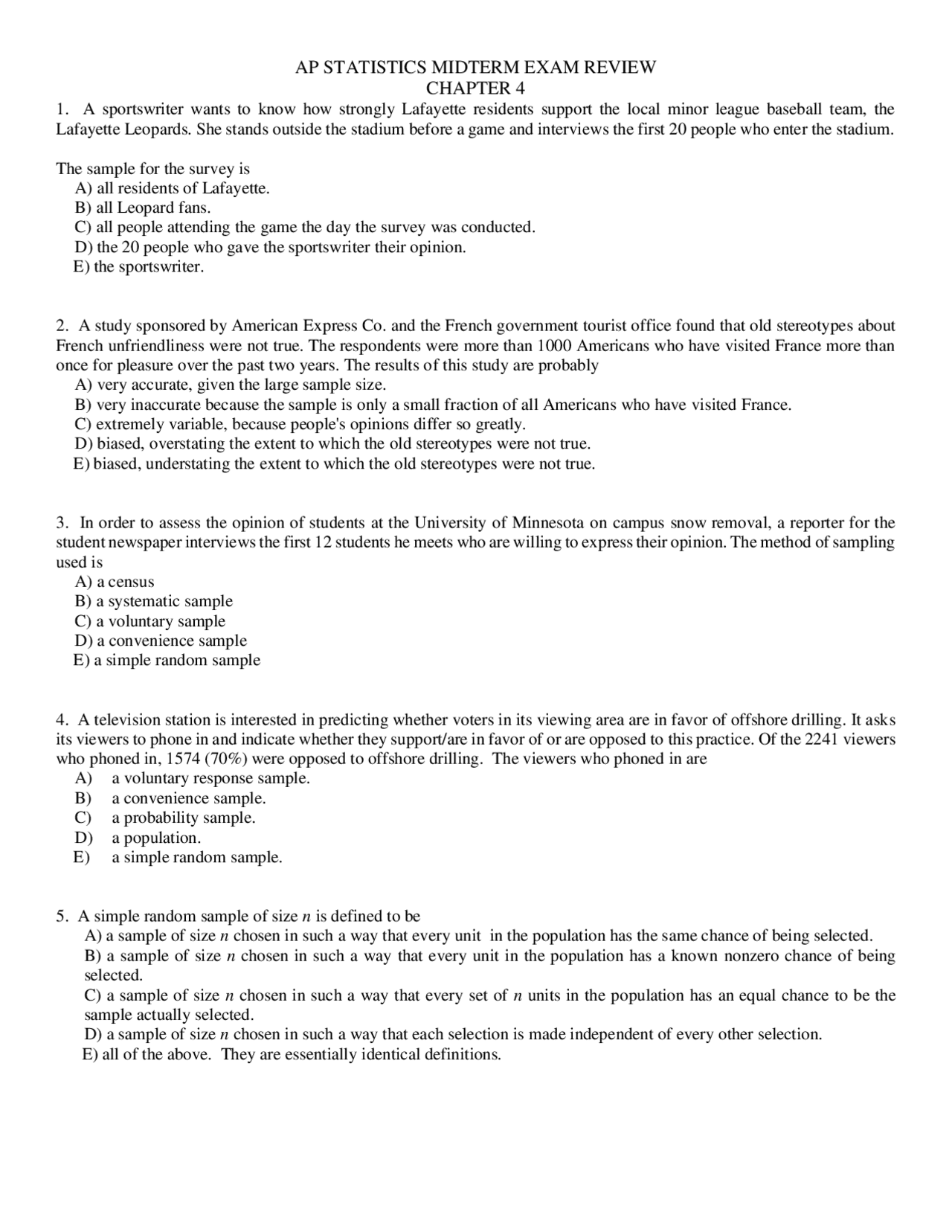 AP STATISTICS MIDTERM EXAM REVIEW CHAPTER 4 Summaries Statistics