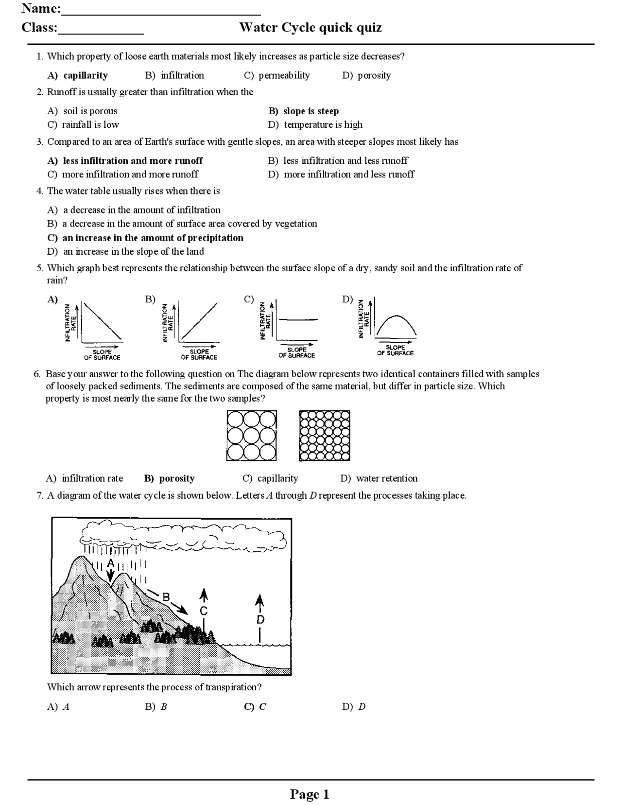 Class:______ Water Cycle quick quiz Page 1 | Study notes Water ...