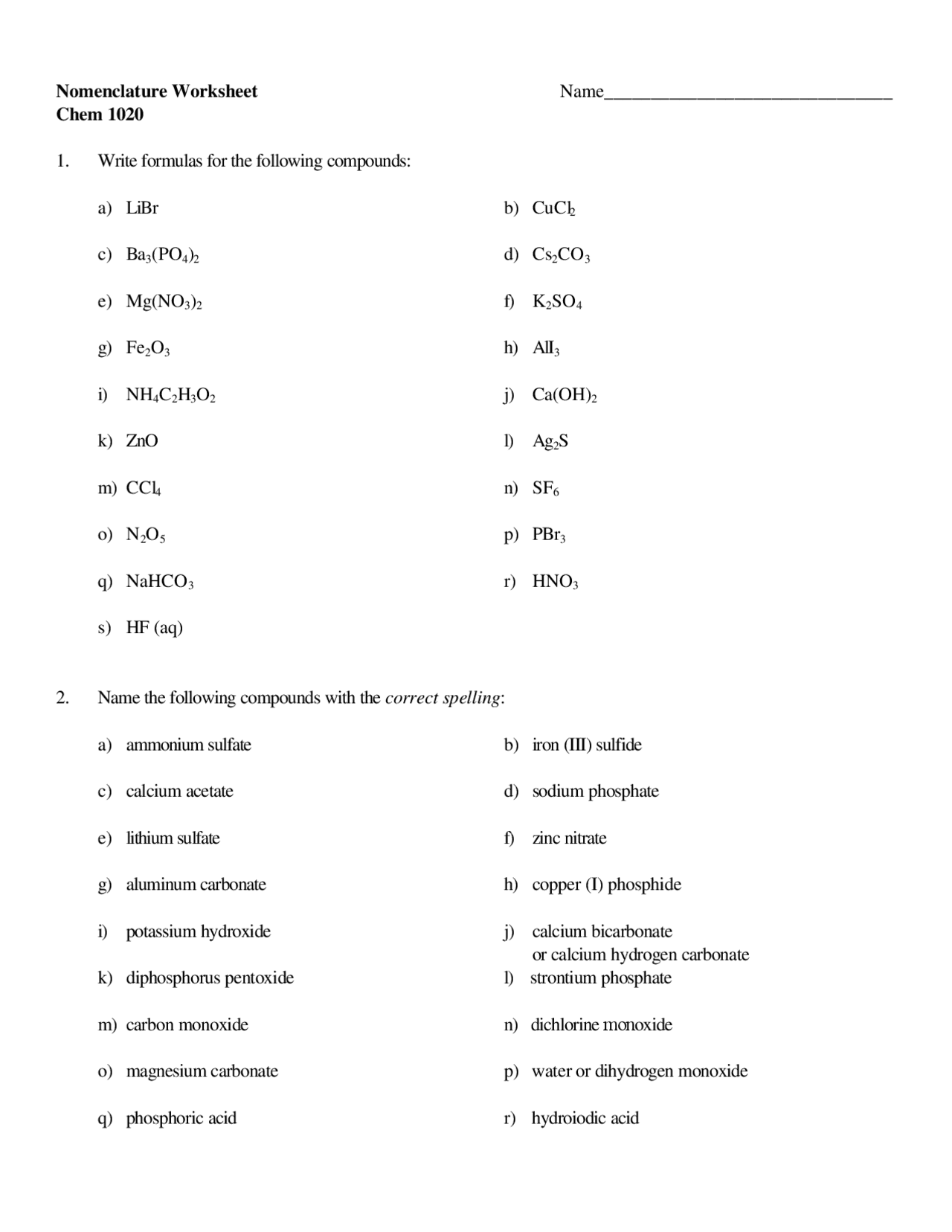 Nomenclature Worksheet Lecture Notes Chemistry Docsity