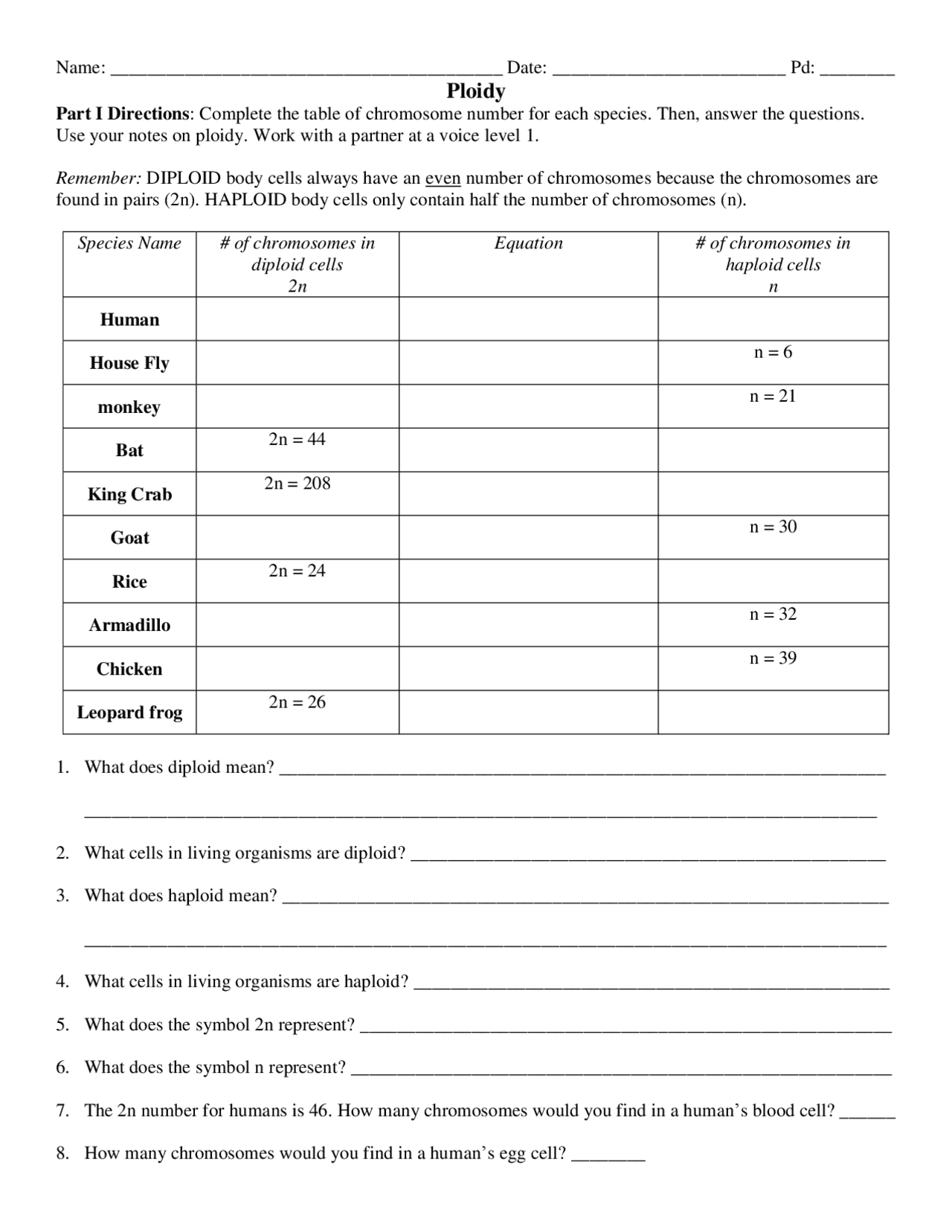 DIPLOID and HAPLOID WORKSHEET | Lecture notes Cell Biology | Docsity