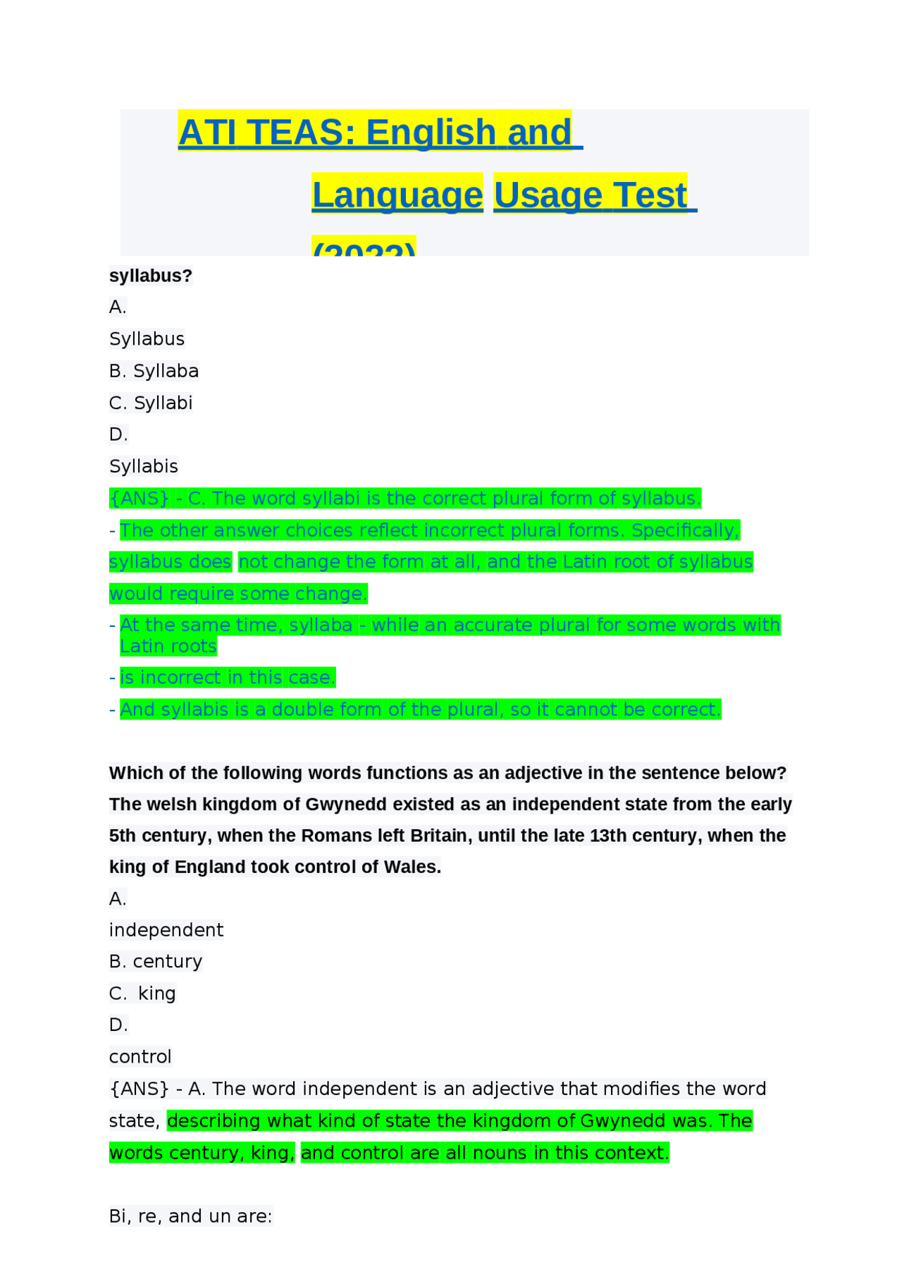 ATI TEAS English and Language Usage Test (2022) graded A Exams Nursing Docsity