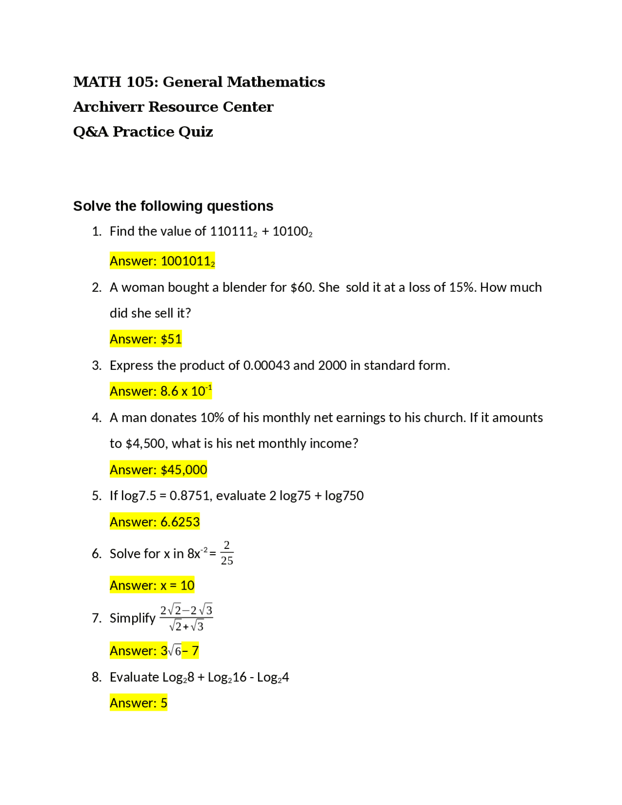 General Mathematics Practice Quiz | Quizzes Mathematics | Docsity