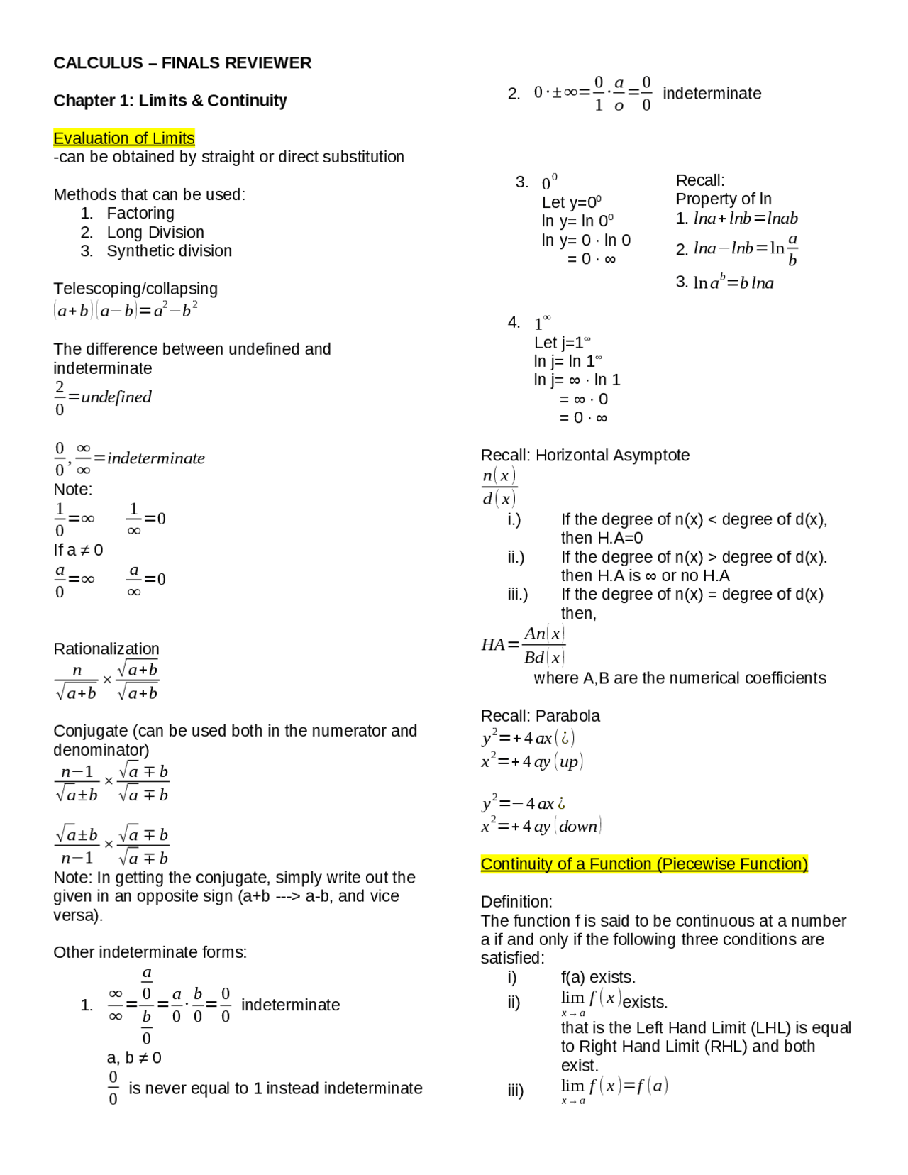 Calculus 1 Lecture Notes | Lecture notes Calculus - Docsity