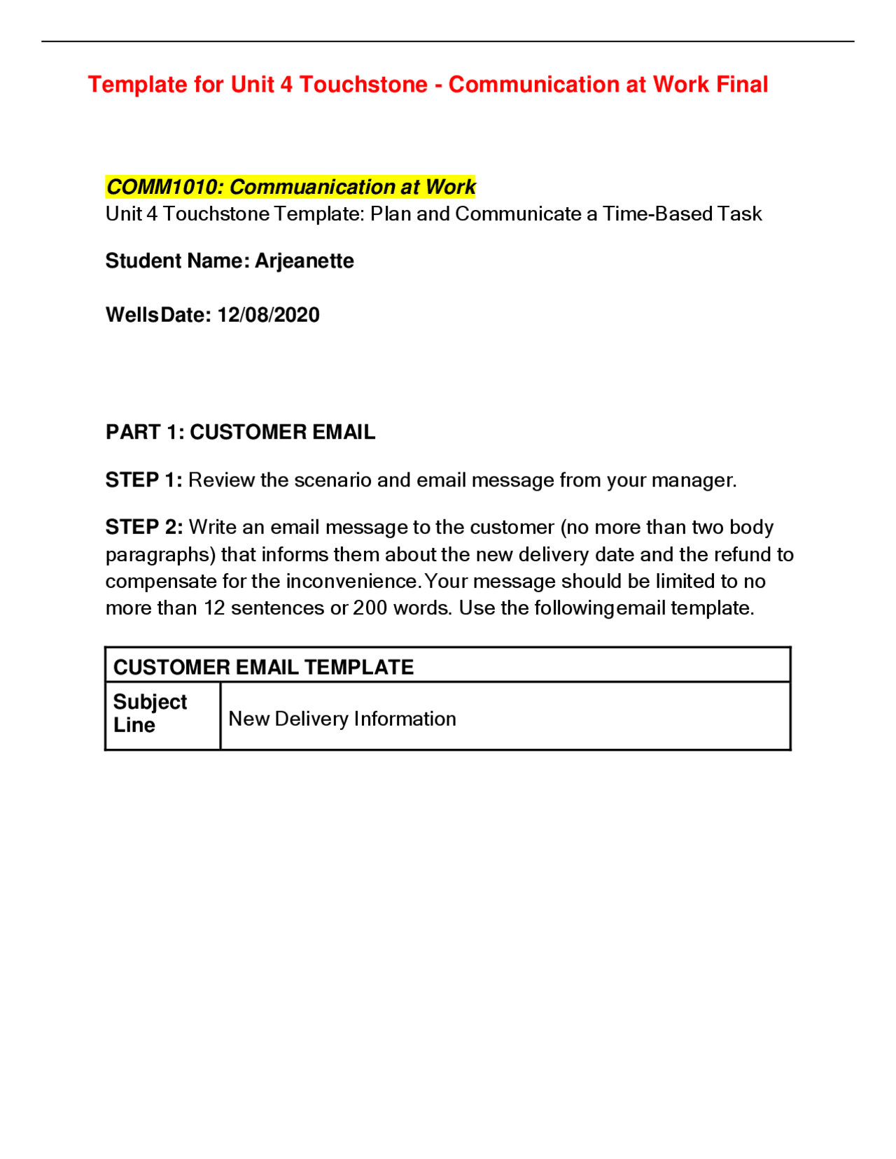 Template for Unit 4 Touchstone - Communication at Work Final | Study ...