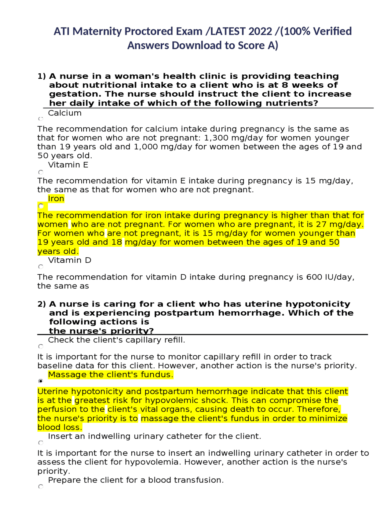 ATI Maternity Proctored Exam LATEST 2022 (100 Verified Answers