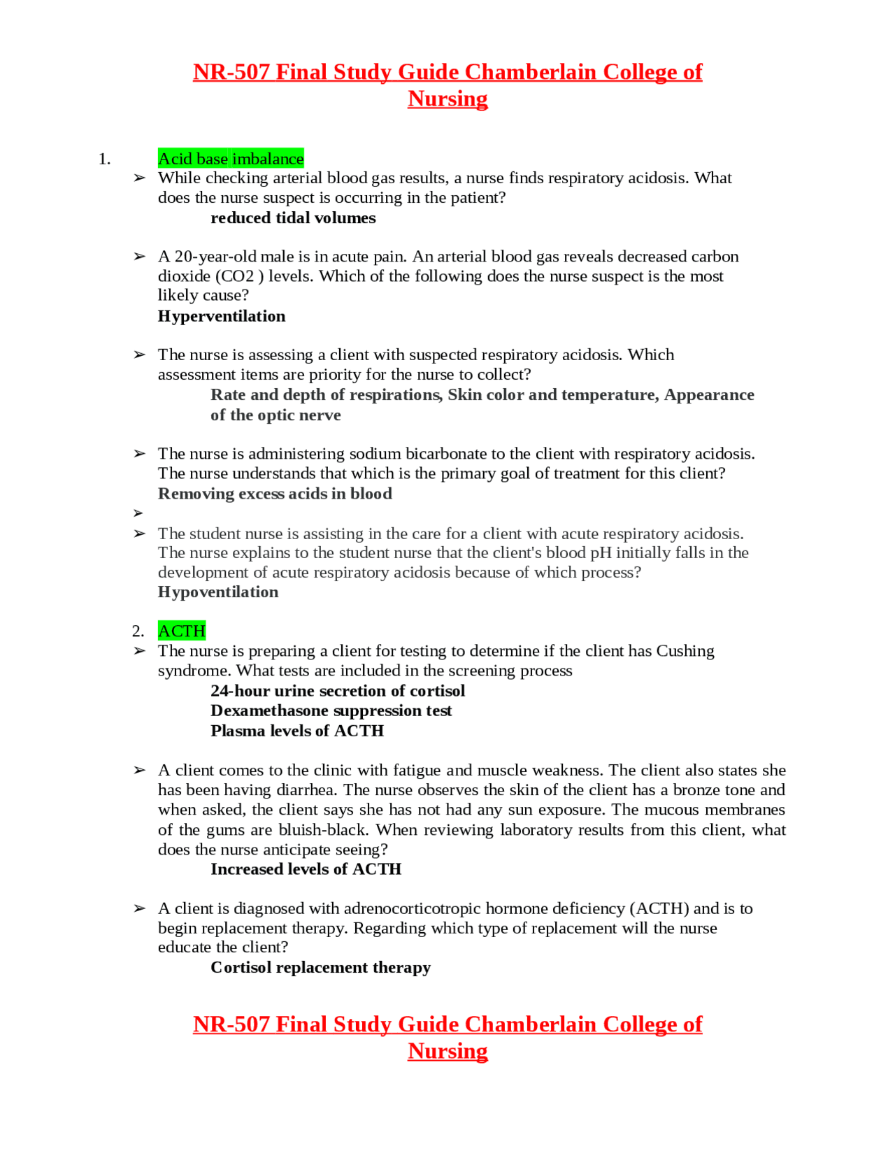 NR-507 Final Study Guide Chamberlain College of Nursing | Exams Nursing - Docsity