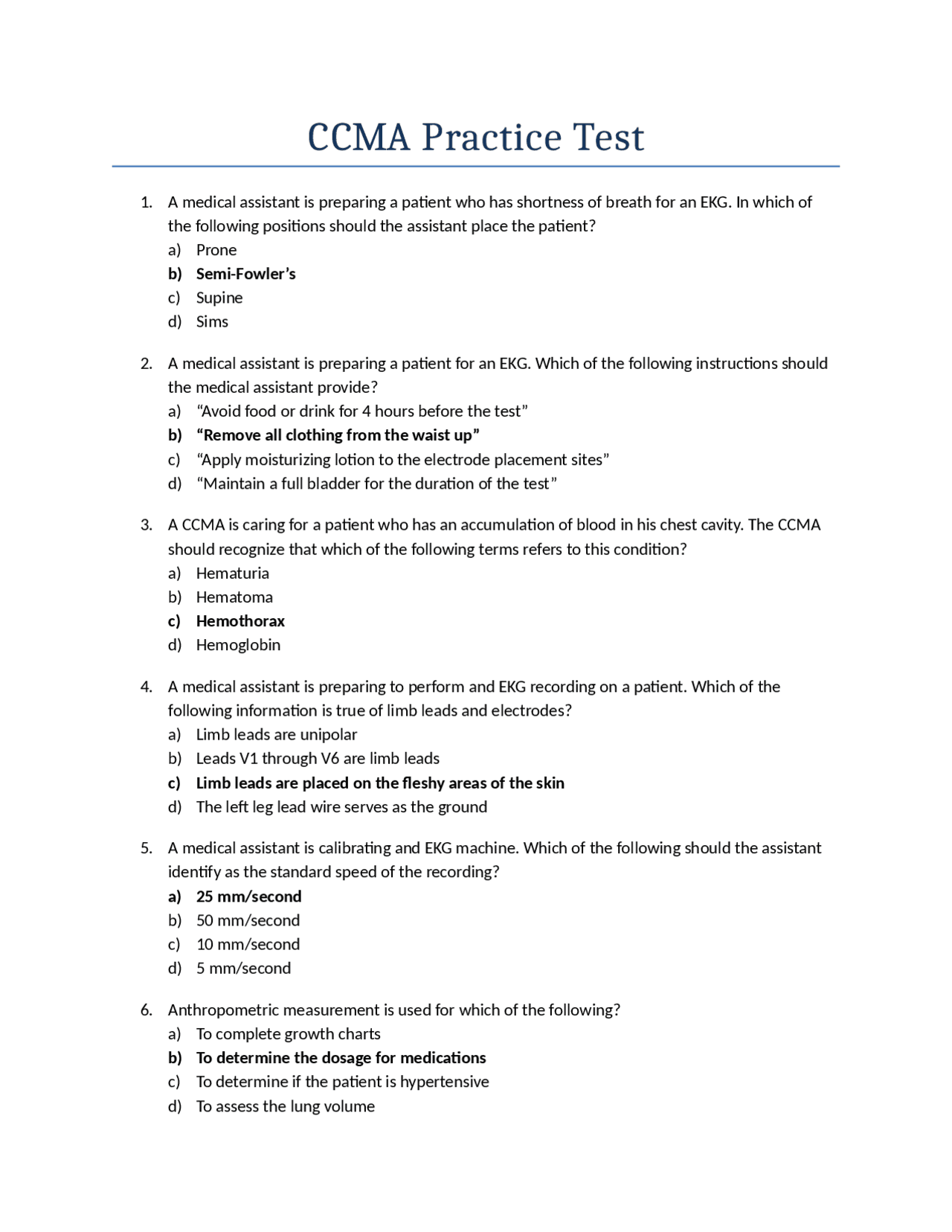 CERTIFIED CLINICAL MEDICAL ASSISTANT Practice Test Exams Medicine