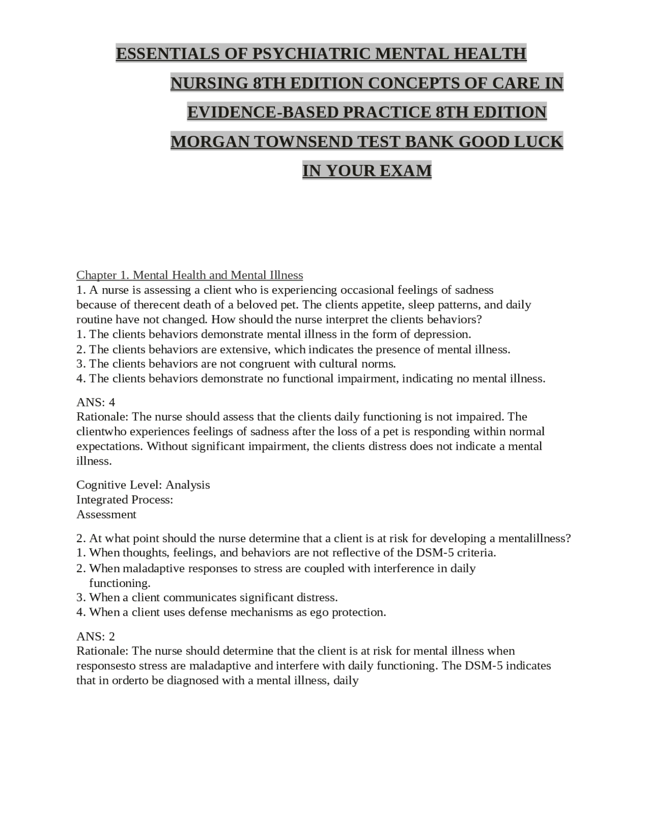 ESSENTIALS OF PSYCHIATRIC MENTAL HEALTH NURSING 8TH EDITION CONCEPTS OF ...