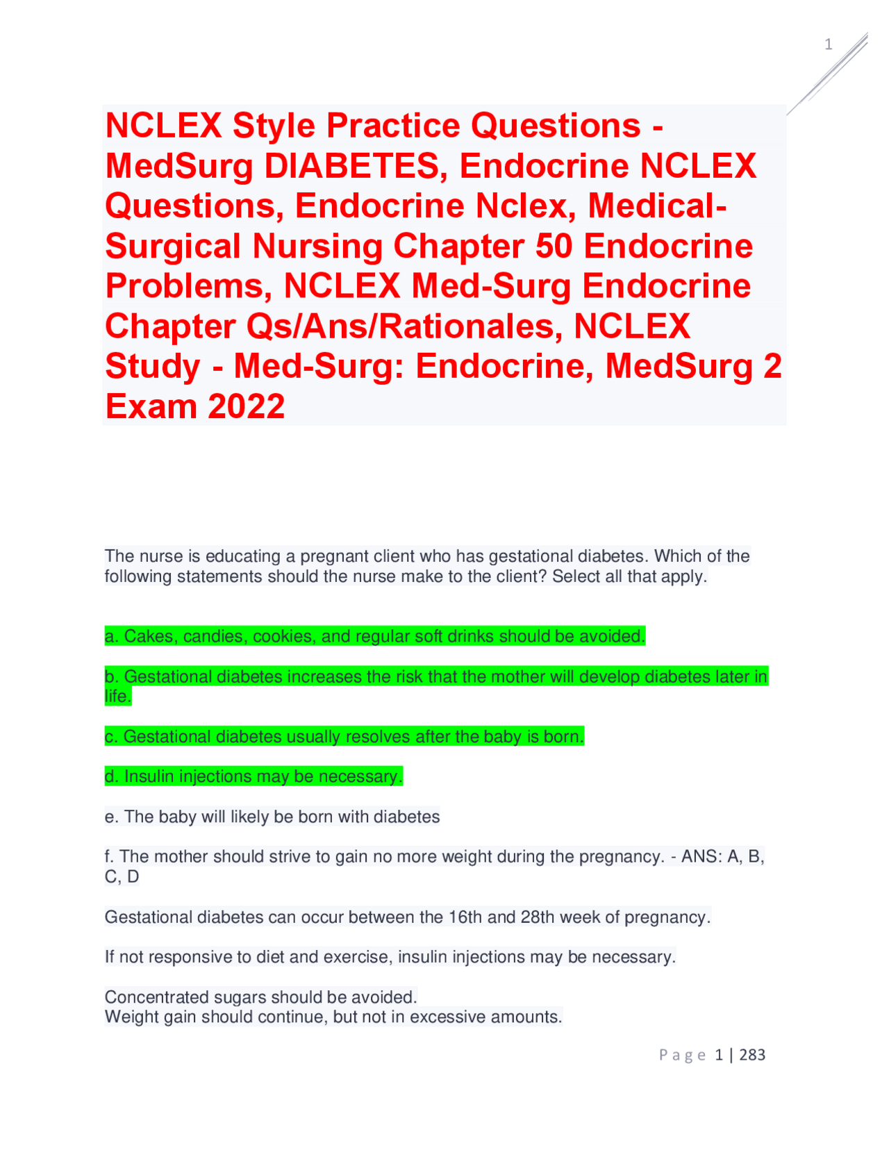 NCLEX Style Practice Questions MedSurg DIABETES, Endocrine NCLEX