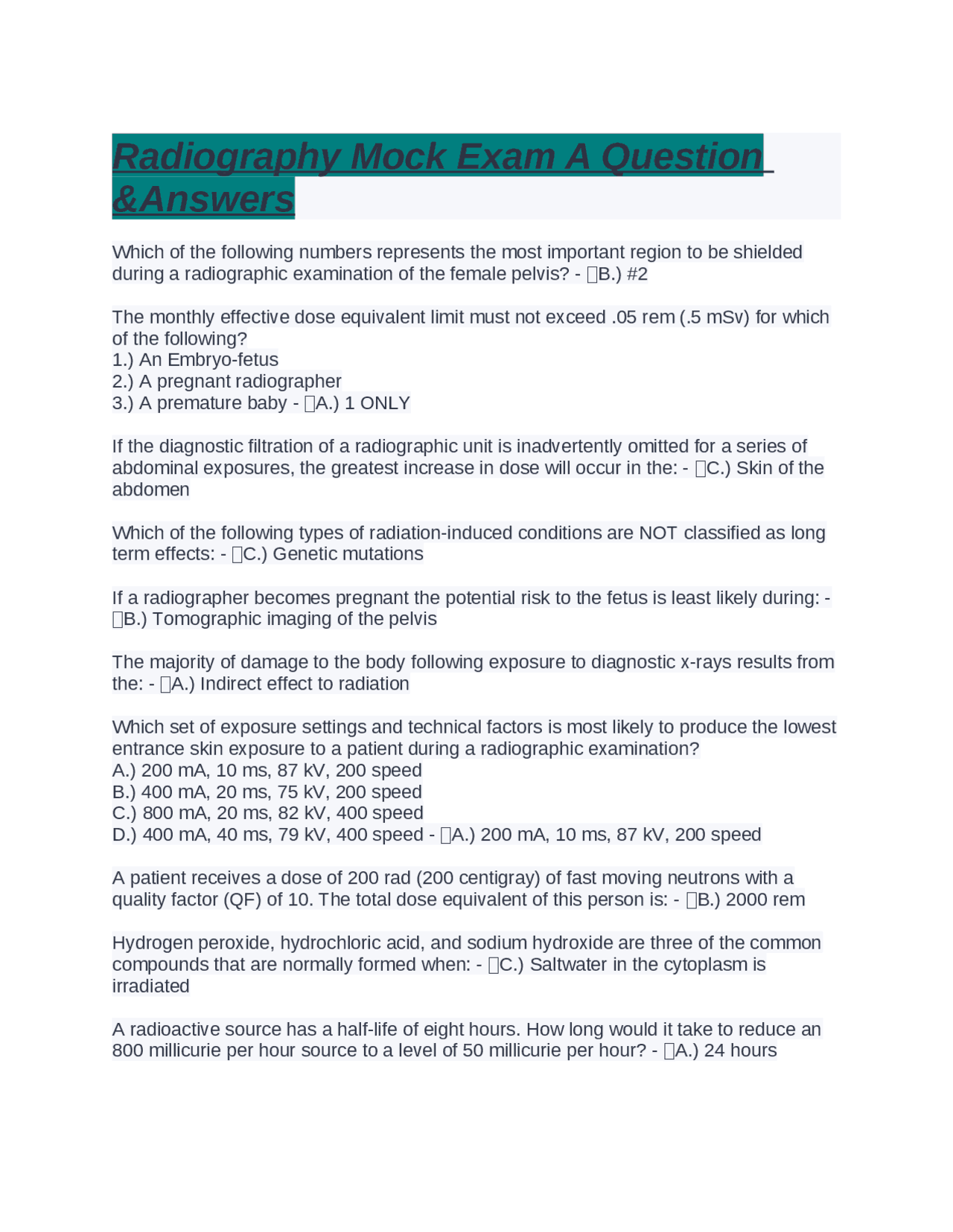 Radiography Mock Exam A Question &Answers Exams Nursing Docsity