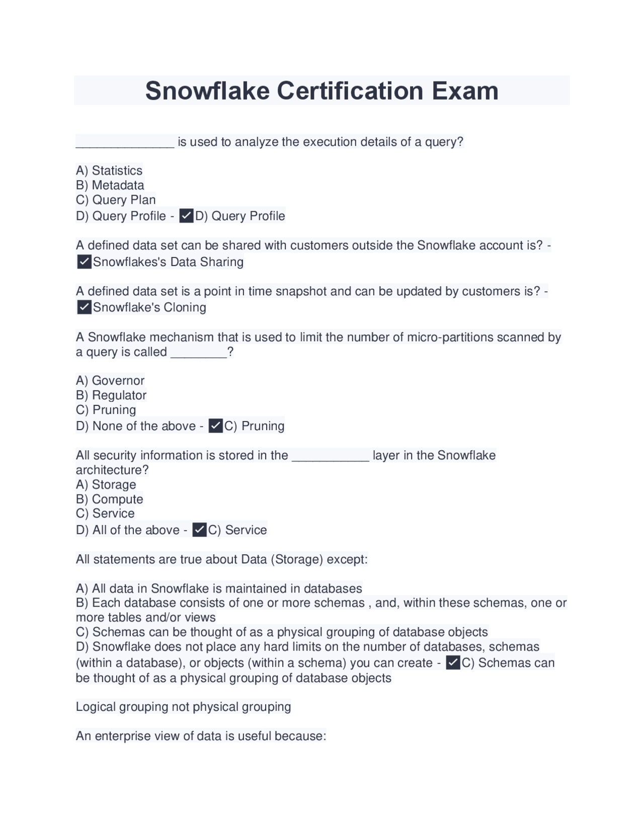 Snowflake Certification Exam (Latest 2022/2023) Verified Answers ...