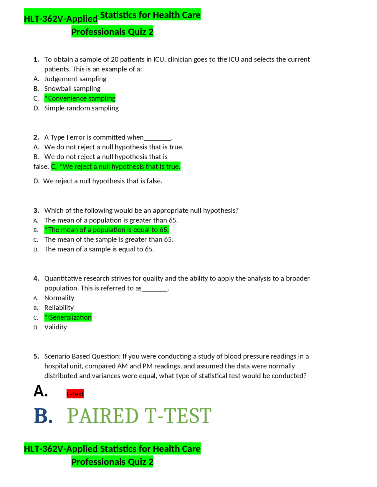 HLT362VApplied Statistics for Health Care Professionals Quiz Week 2