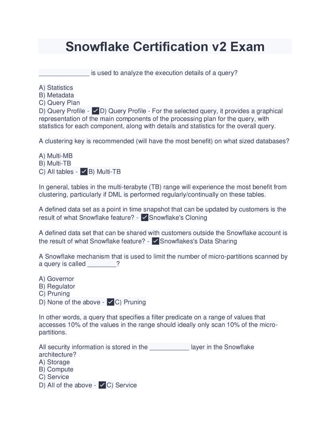 Snowflake Certification v2 Exam (Latest 2022/2023) Verified Answers by ...