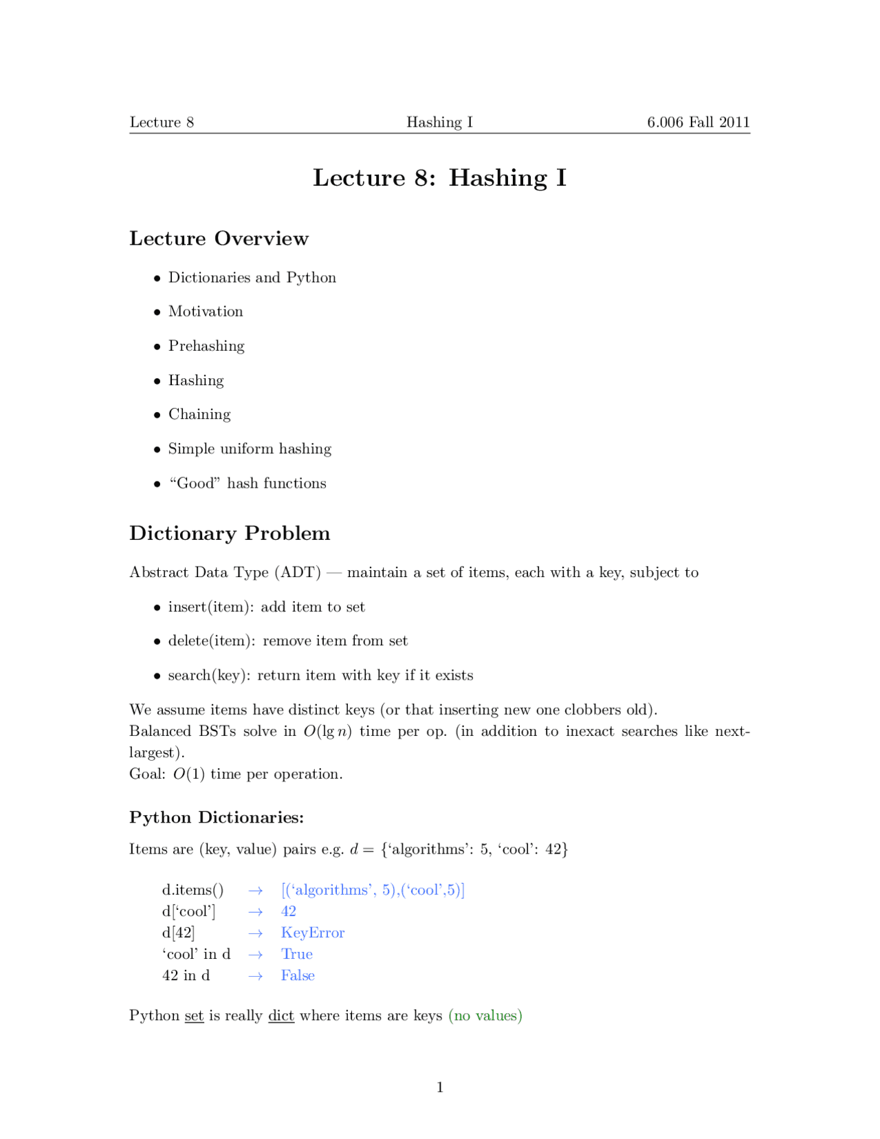 Lecture 8: Hashing I | Slides Data Structures and Algorithms | Docsity