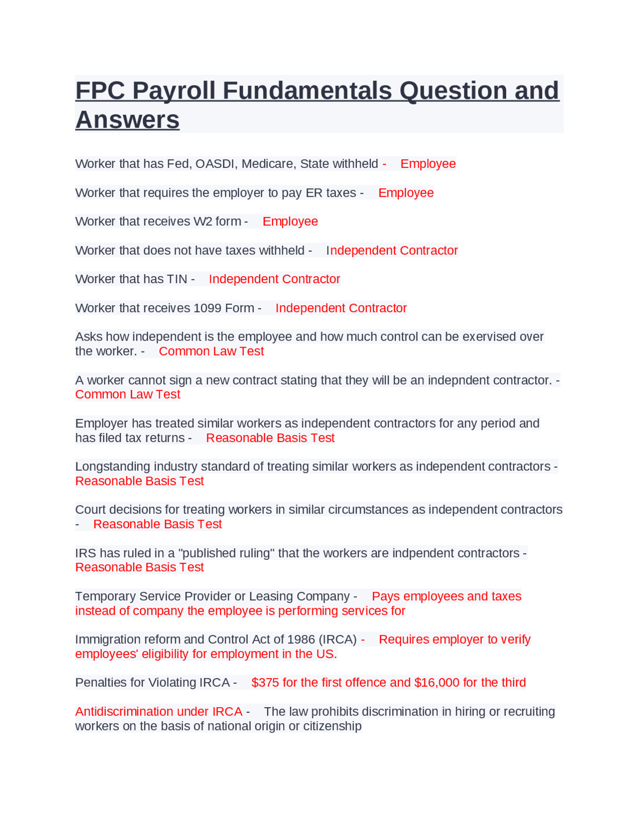FPC Payroll Fundamentals Question and Answers. | Exams Nursing | Docsity