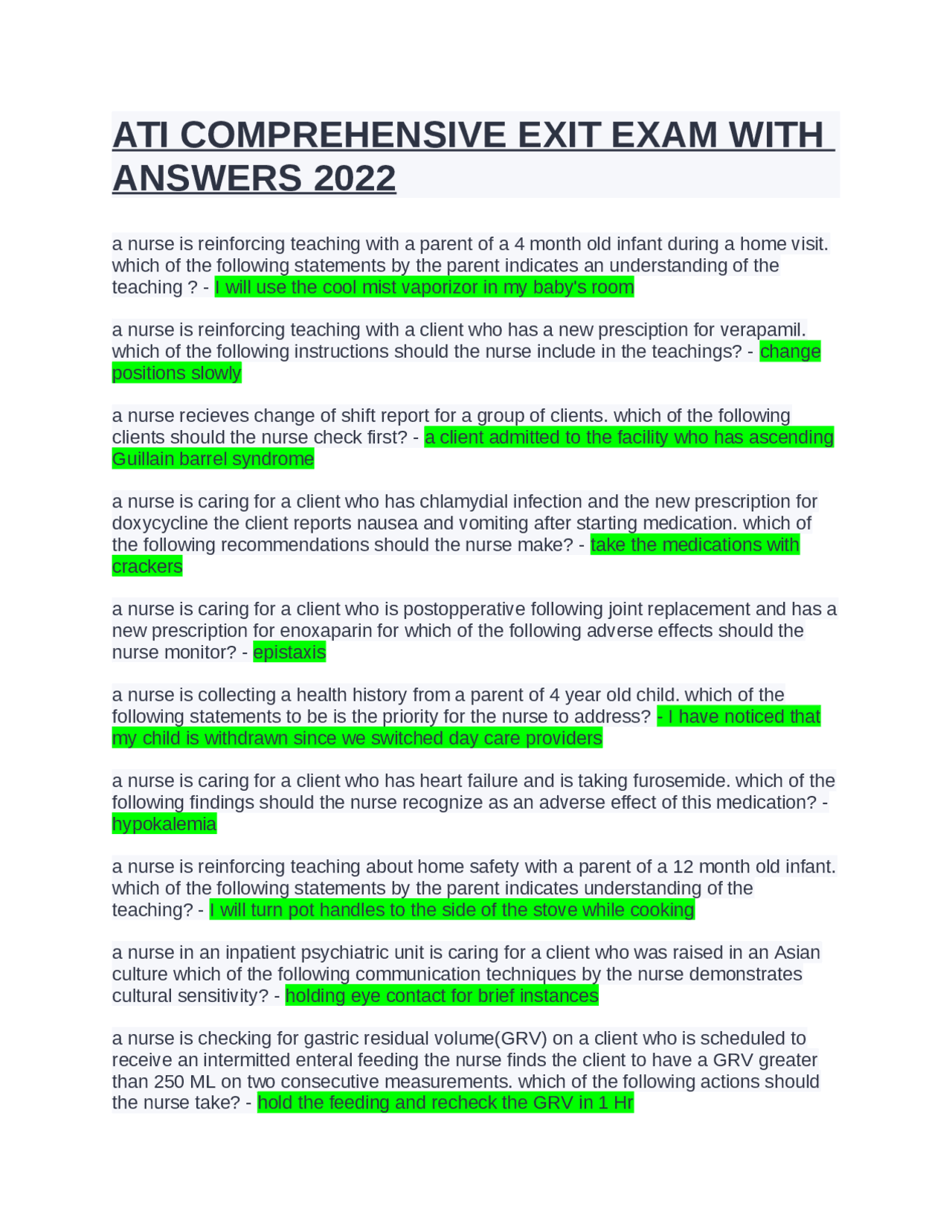 ATI COMPREHENSIVE EXIT EXAM WITH ANSWERS 2022. Exams Nursing Docsity