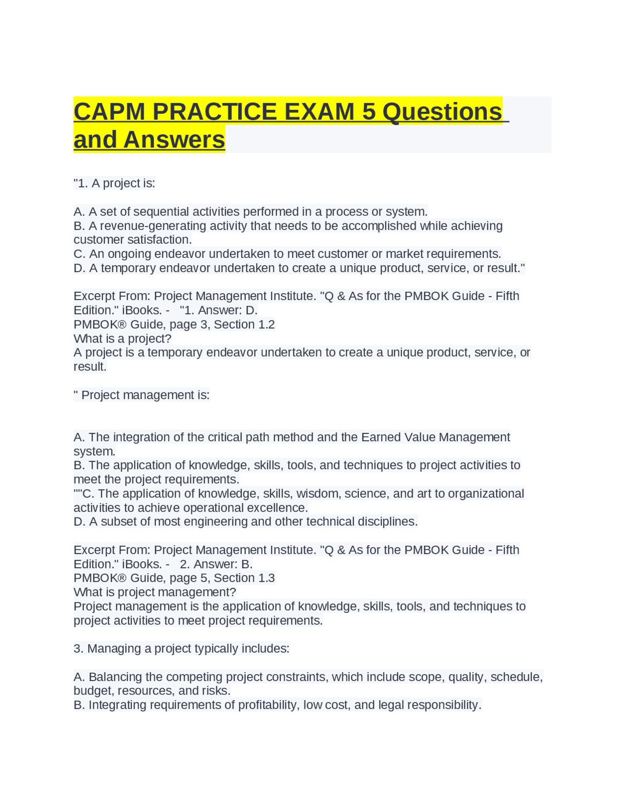 CAPM PRACTICE EXAM 5 Questions and Answers. | Exams Nursing | Docsity