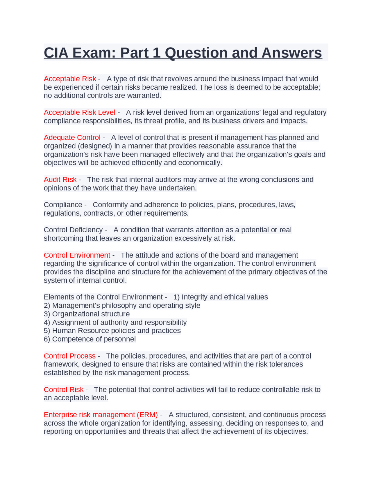 CIA Exam Part 1 Question and Answers | Exams Project Management | Docsity