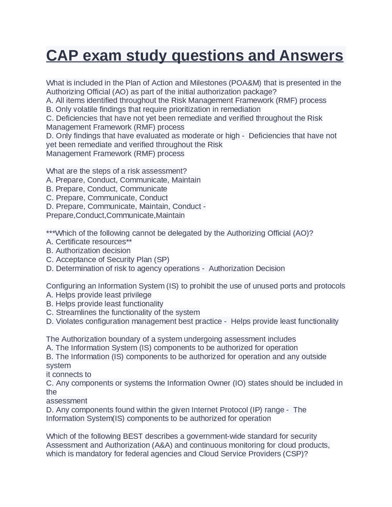 CAP exam study questions and Answers Exams Nursing Docsity CAP exam study questions and Answers Exams Nursing Docsity