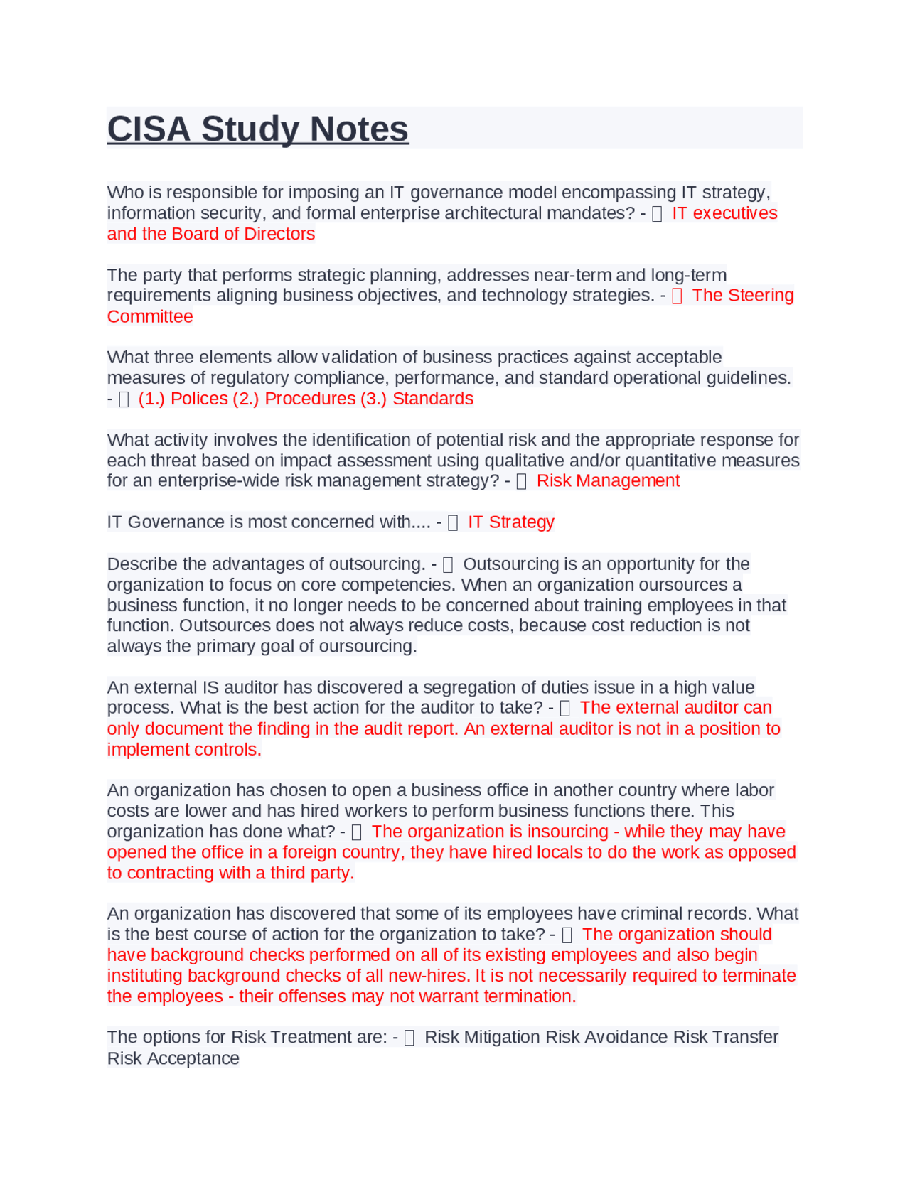 Cisa Study CISA Study Notes./CISA Study Notes. | Exams Nursing | Docsity