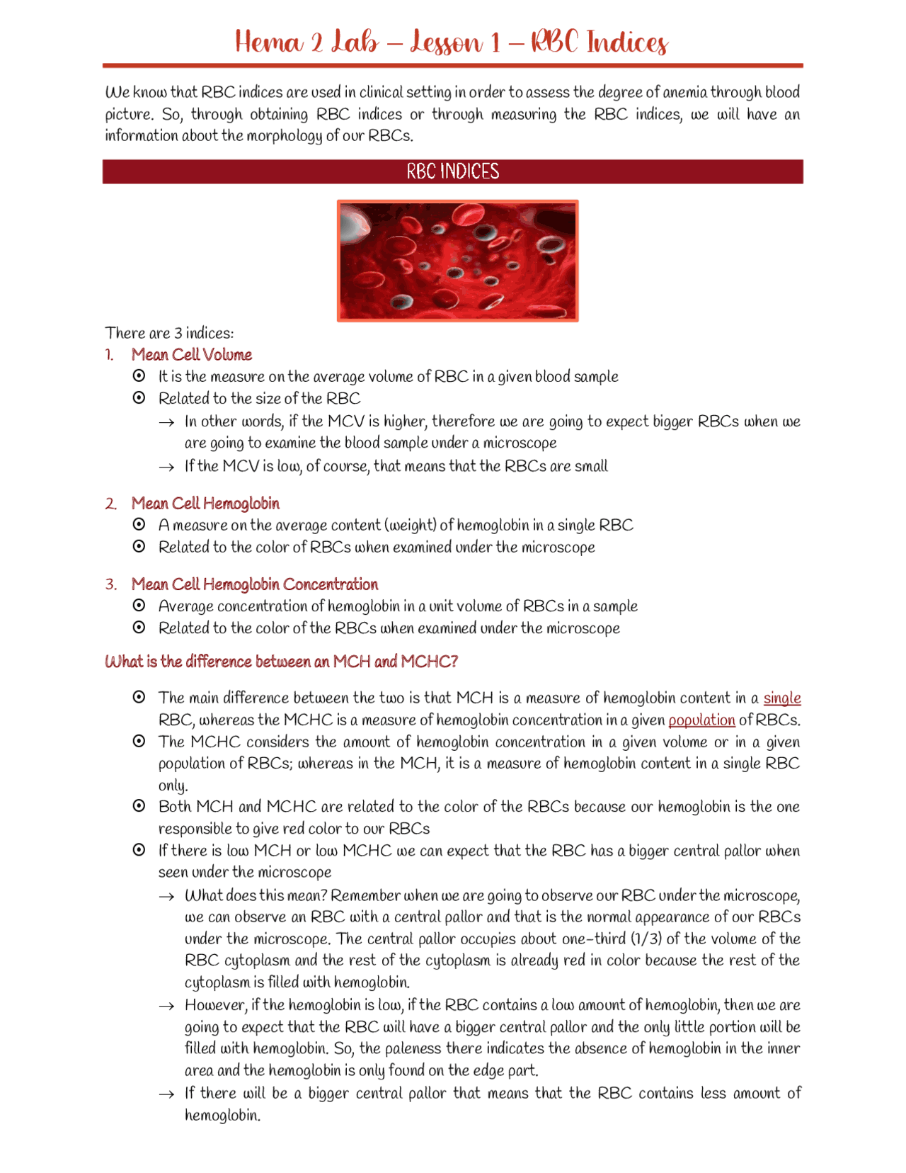RBC Indices With Example Problems | Lecture notes Hematology | Docsity