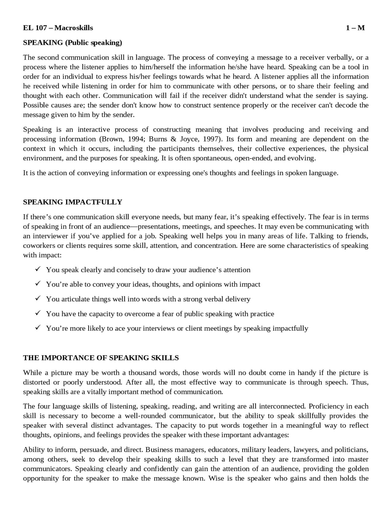 Speaking: Public Speaking | Lecture notes English Language - Docsity