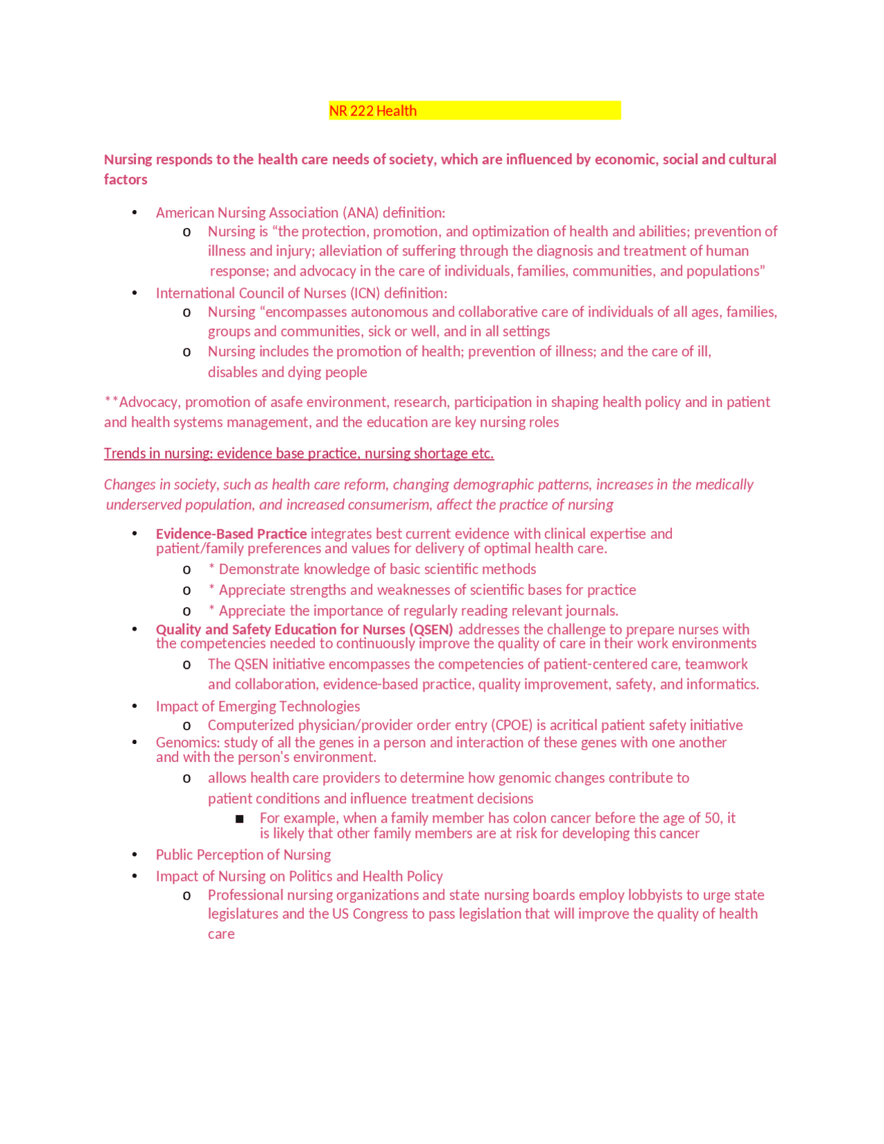 NR 222 Health and Wellness study guide Exam 1 | Exams Nursing - Docsity
