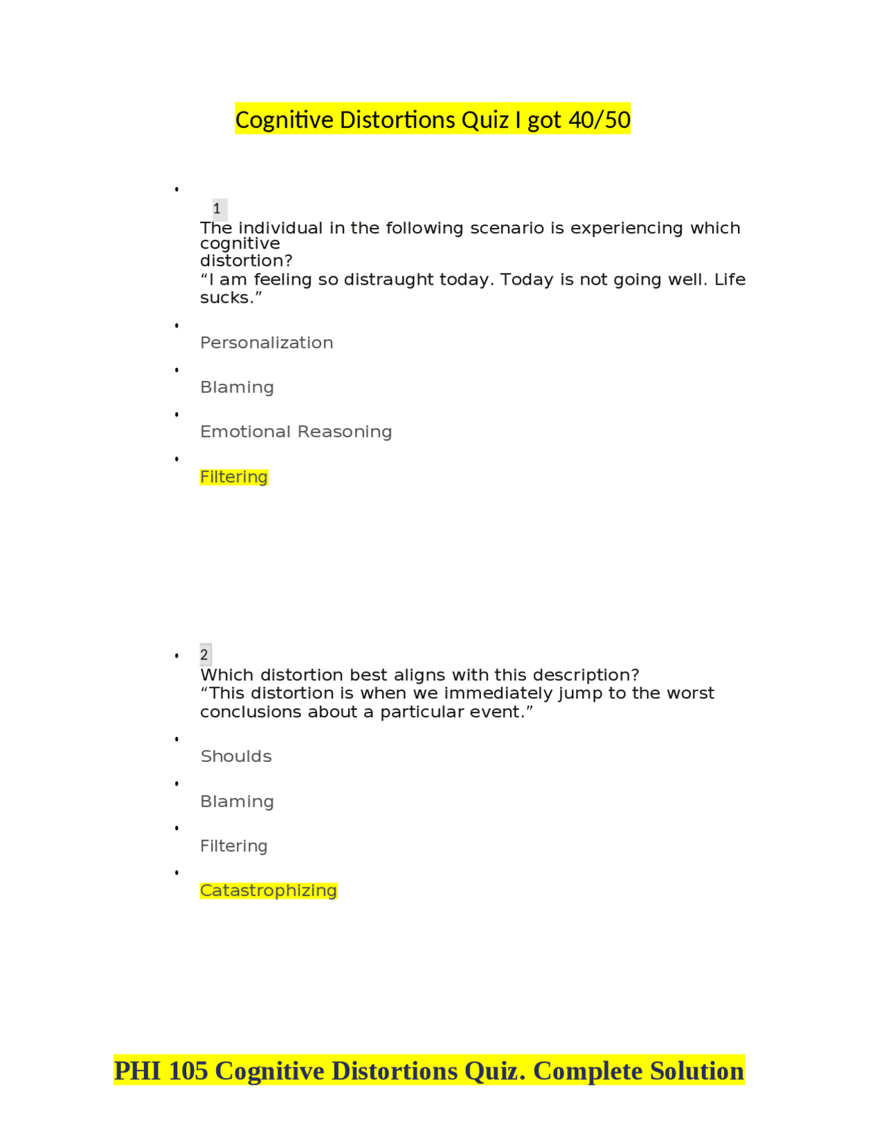 PHI 105 Cognitive Distortions Quiz. Complete Solution Exams