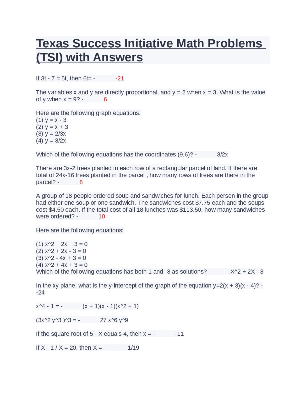 Texas Success Initiative Math Problems (TSI) with Answers | Exams ...