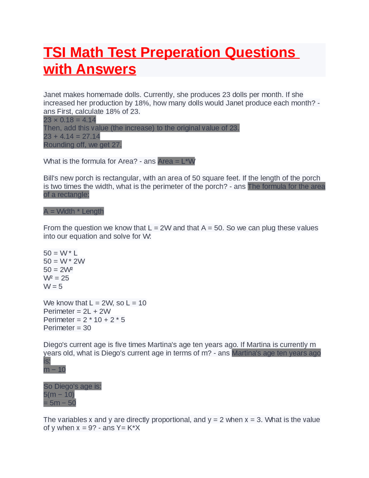 TSI Math Test Preperation Questions with Answers | Exams Nursing | Docsity